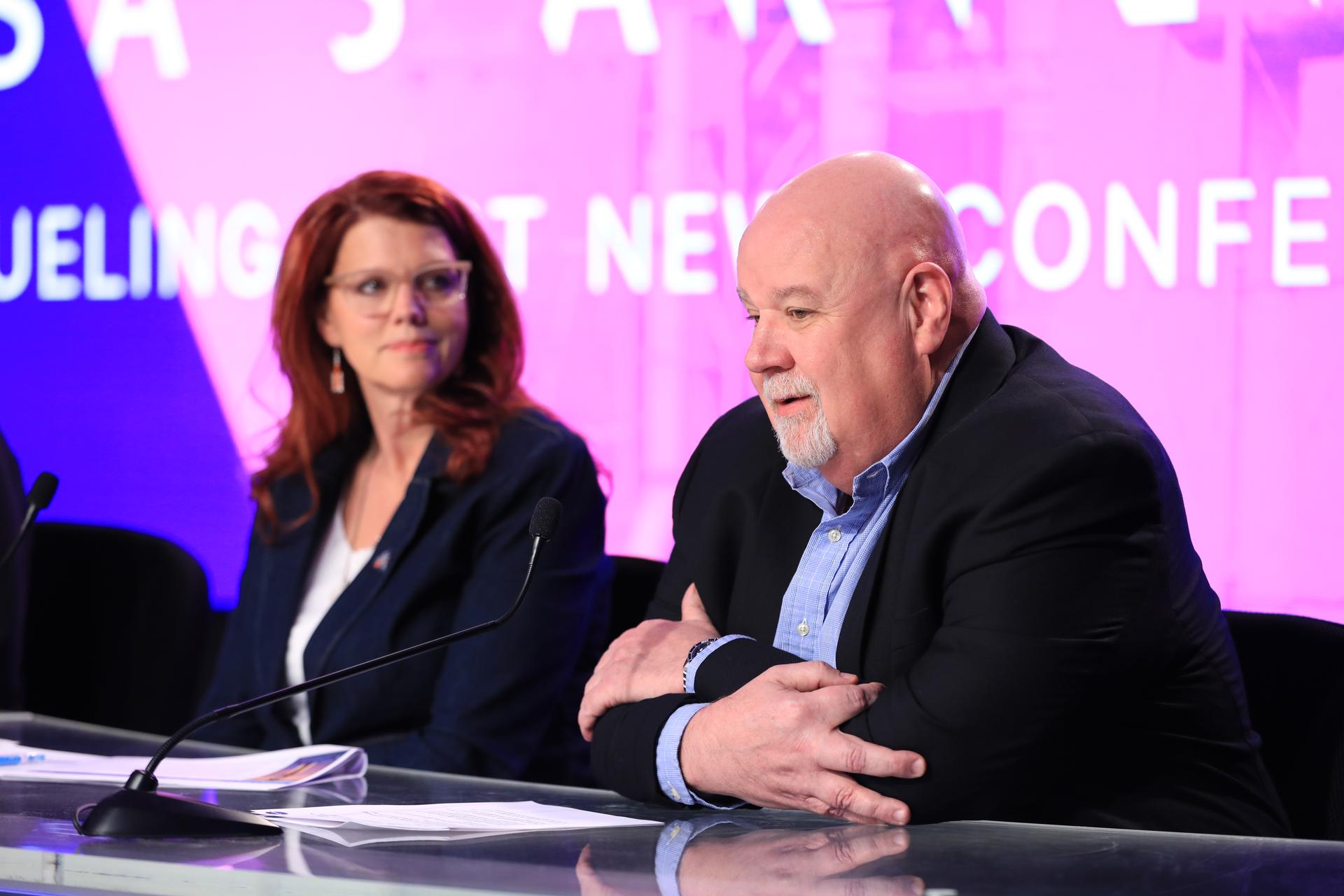 From left, Charlie Blackwell-Thompson, launch director, Exploration Ground Systems Program, and John Honeycutt, chair, Artemis II mission management team, participate in a news conference on Tuesday, Feb. 3, 2026, to discuss the completion of Artemis II wet dress rehearsal at NASA’s Kennedy Space Center in Florida. The wet dress rehearsal allows the Artemis II launch team to run through operations to load propellant, conduct a full launch countdown, demonstrate the ability to recycle the countdown clock, and drain the tanks to practice timelines and procedures for launch.