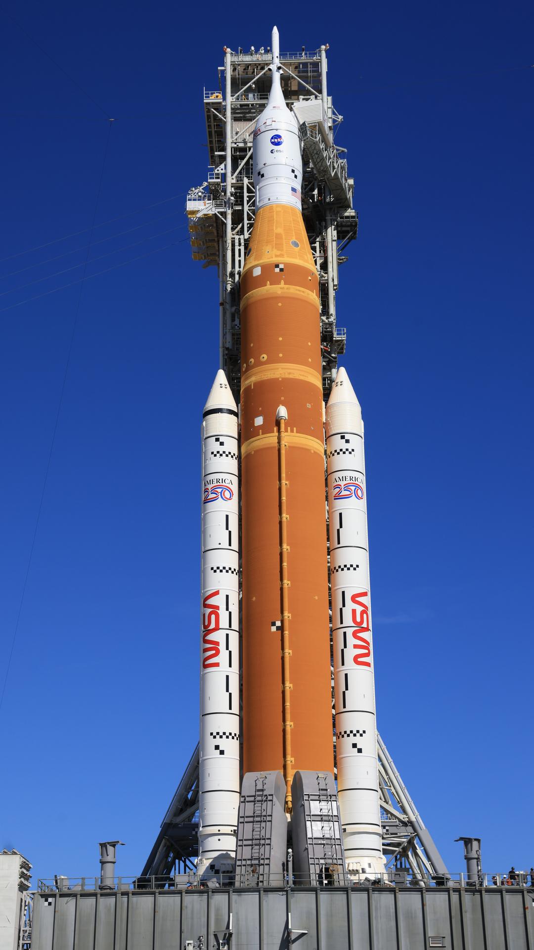 NASA’s Artemis II SLS (Space Launch System) rocket and Orion spacecraft stand vertical on mobile launcher 1 at Launch Complex 39B at NASA’s Kennedy Space Center in Florida on Tuesday, Feb. 10, 2026. The Artemis II test flight will take Commander Reid Wiseman, Pilot Victor Glover, and Mission Specialist Christina Koch from NASA, and Mission Specialist Jeremy Hansen from the CSA (Canadian Space Agency), around the Moon and back to Earth.
