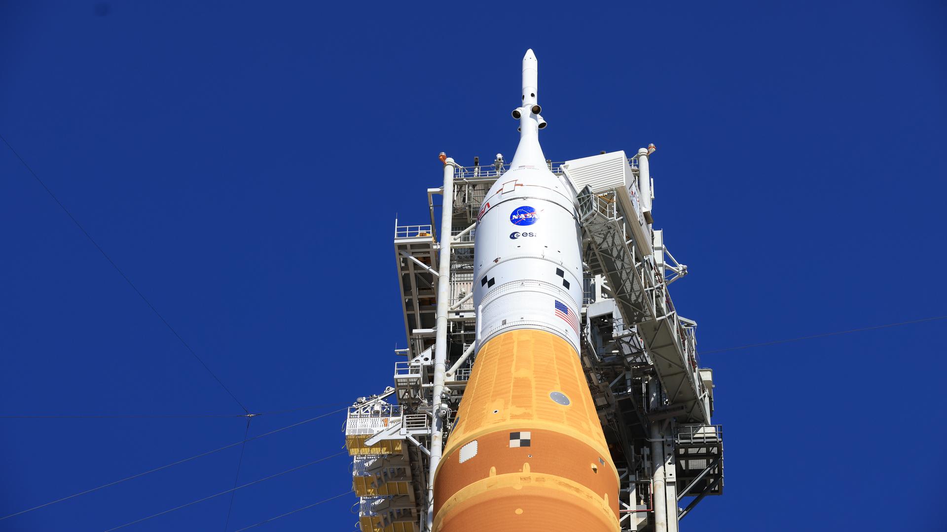 A closeup view shows the NASA’s Artemis II SLS (Space Launch System) rocket with the Orion spacecraft and launch abort system atop at Launch Complex 39B at NASA’s Kennedy Space Center in Florida on Tuesday, Feb. 10, 2026. The Artemis II test flight will take Commander Reid Wiseman, Pilot Victor Glover, and Mission Specialist Christina Koch from NASA, and Mission Specialist Jeremy Hansen from the CSA (Canadian Space Agency), around the Moon and back to Earth.