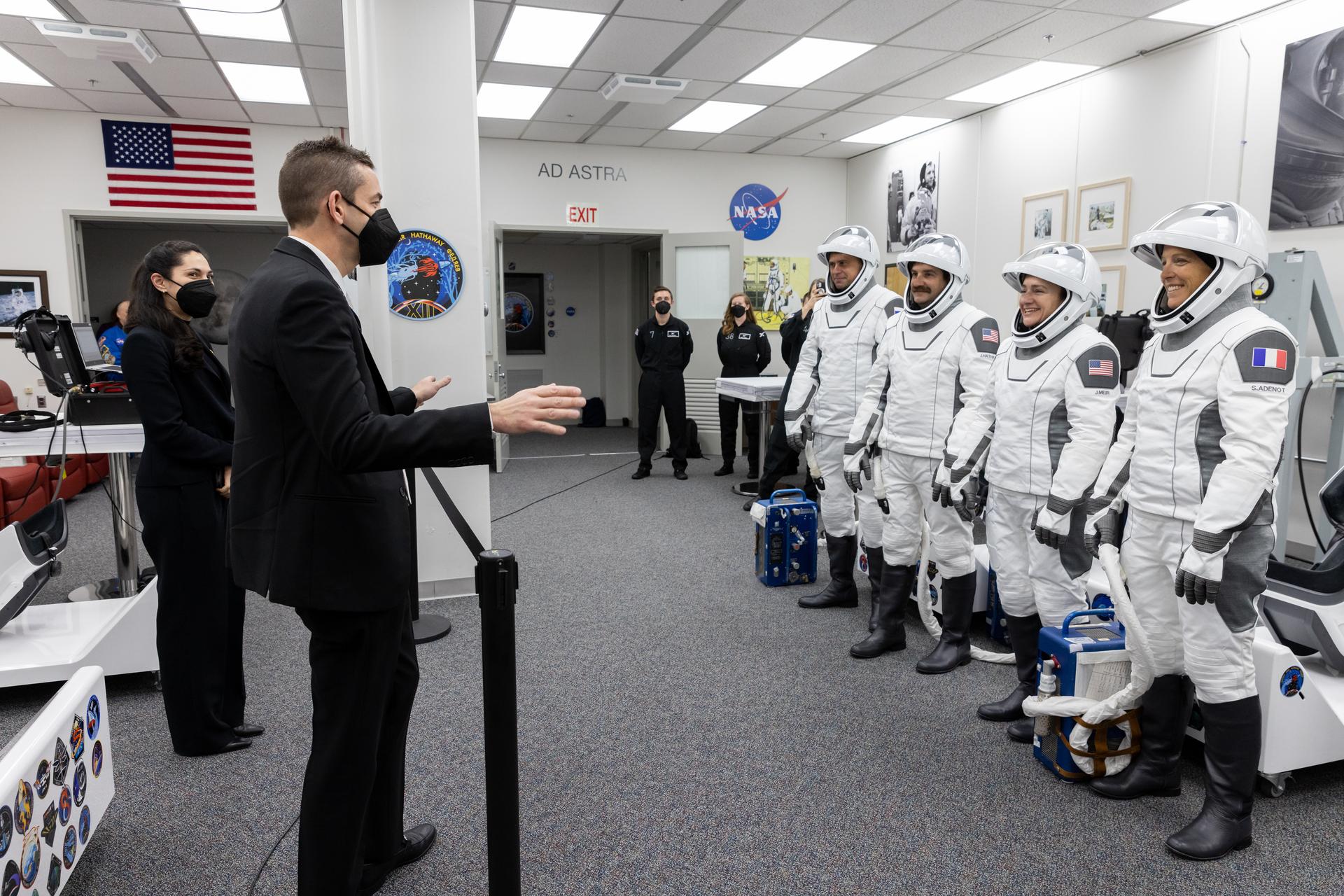 NASA Administrator Jared Isaacman (second from left) speaks to NASA’s SpaceX Crew-12 crew members in Astronaut Crew Quarters inside the Neil A. Armstrong Operations and Checkout Building at the agency’s Kennedy Space Center in Florida on Friday, Feb. 13, 2026, ahead of launch at 5:15 a.m. EST, from Space Launch Complex 40 at Cape Canaveral Space Force Station in Florida. NASA’s SpaceX Crew-12 is the 12th crew rotation mission of the SpaceX Dragon spacecraft and Falcon 9 rocket to the space station as part of NASA’s Commercial Crew Program.