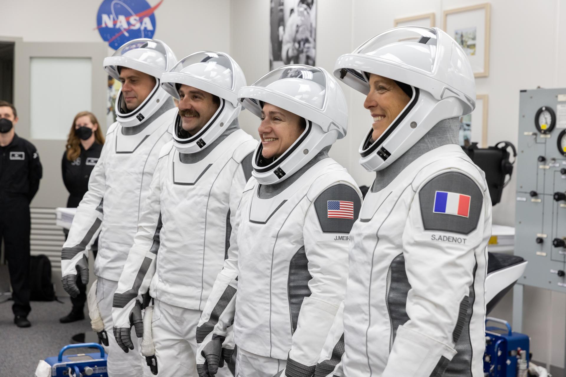 NASA’s SpaceX Crew-12 members suit up in the Neil A. Armstrong Operations and Checkout Building at the agency’s Kennedy Space Center in Florida ahead of launch to the International Space Station on Friday, Feb. 13, 2026. From left, Roscosmos cosmonaut Andrey Fedyaev, NASA astronauts Jack Hathaway and Jessica Meir, and ESA (European Space Agency) astronaut Sophie Adenot are scheduled to lift off aboard SpaceX’s Dragon spacecraft and Falcon 9 rocket at 5:15 a.m. EST, from Space Launch Complex 40 at Cape Canaveral Space Force Station in Florida.