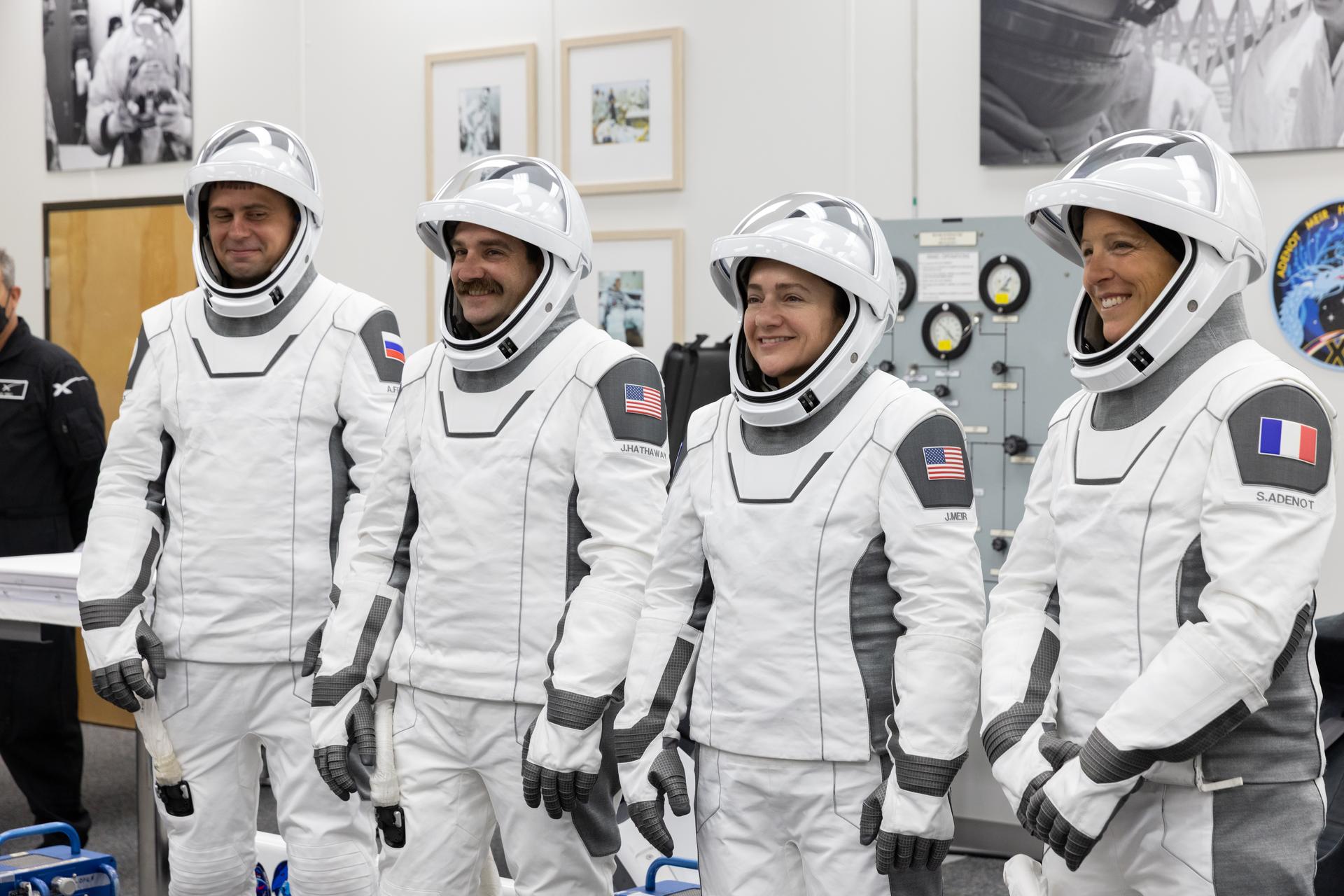 NASA’s SpaceX Crew-12 members suit up in the Neil A. Armstrong Operations and Checkout Building at the agency’s Kennedy Space Center in Florida ahead of launch to the International Space Station on Friday, Feb. 13, 2026. From left, Roscosmos cosmonaut Andrey Fedyaev, NASA astronauts Jack Hathaway and Jessica Meir, and ESA (European Space Agency) astronaut Sophie Adenot are scheduled to lift off aboard SpaceX’s Dragon spacecraft and Falcon 9 rocket at 5:15 a.m. EST, from Space Launch Complex 40 at Cape Canaveral Space Force Station in Florida.