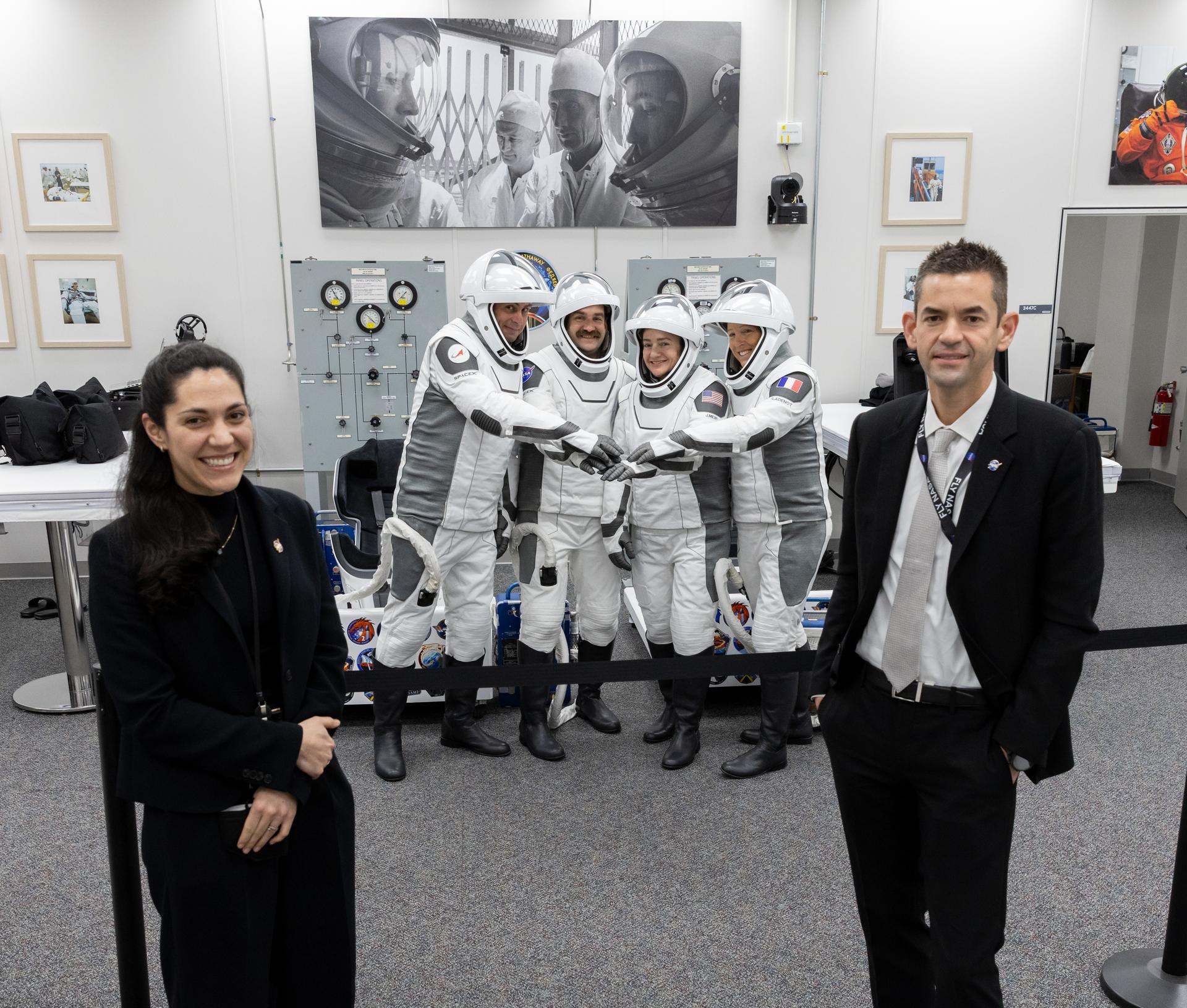 From right, NASA Administrator Jared Isaacman, ESA (European Space Agency) astronaut Sophie Adenot, NASA astronauts Jessica Meir and Jack Hathaway, Roscosmos cosmonaut Andrey Fedyaev, and Sarah Gillis, senior advisor to the NASA Administrator, pose for a photograph in Astronaut Crew Quarters inside Neil A. Armstrong Operations and Checkout Building at the agency’s Kennedy Space Center in Florida on Friday, Feb. 13, 2026, ahead of launch at 5:15 a.m. EST, from Space Launch Complex 40 at Cape Canaveral Space Force Station in Florida. NASA’s SpaceX Crew-12 is the 12th crew rotation mission of the SpaceX Dragon spacecraft and Falcon 9 rocket to the space station as part of NASA’s Commercial Crew Program.