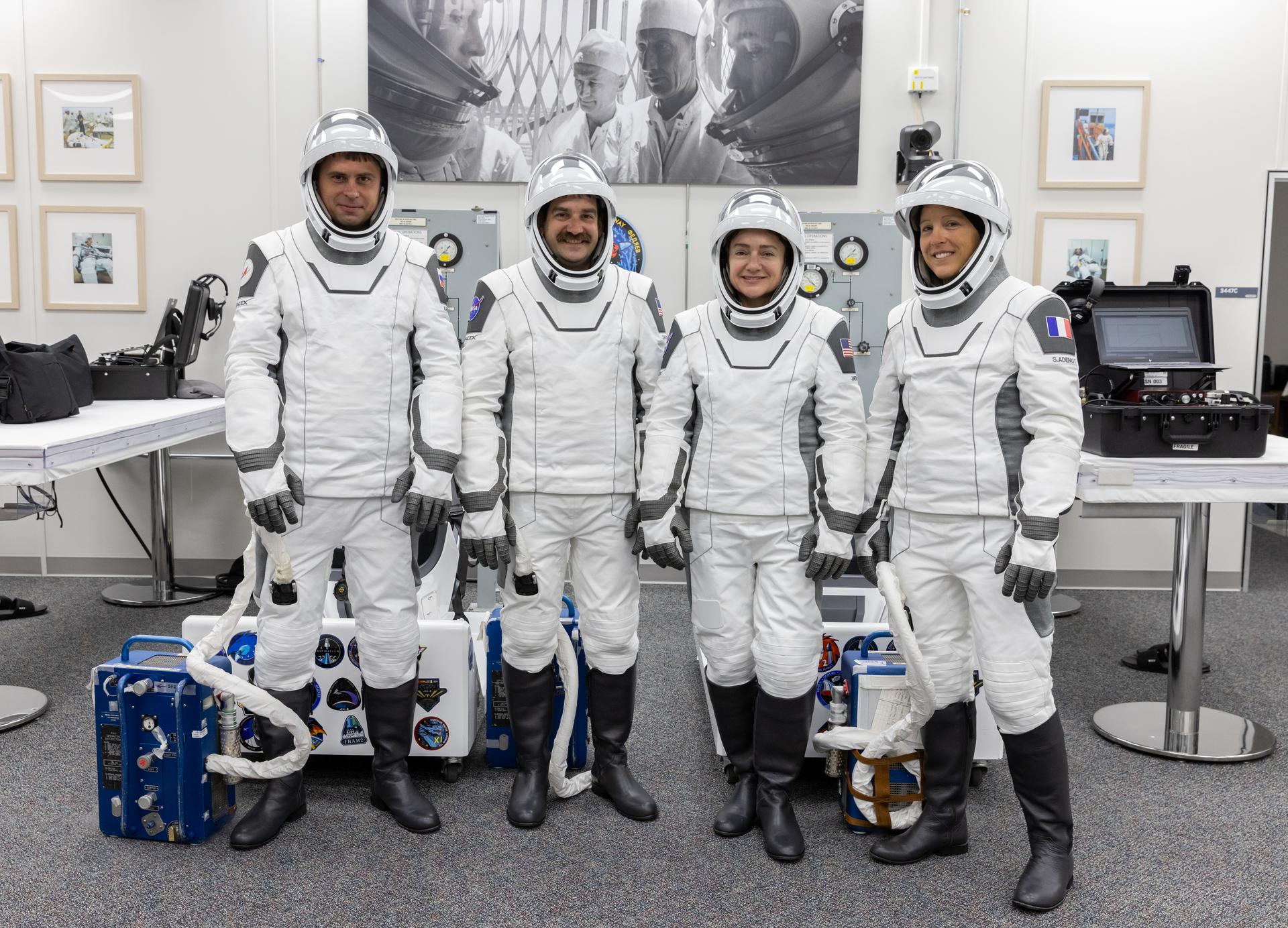 NASA’s SpaceX Crew-12 members suit up in the Neil A. Armstrong Operations and Checkout Building at the agency’s Kennedy Space Center in Florida ahead of launch to the International Space Station on Friday, Feb. 13, 2026. From left, Roscosmos cosmonaut Andrey Fedyaev, NASA astronauts Jack Hathaway and Jessica Meir, and ESA (European Space Agency) astronaut Sophie Adenot are scheduled to lift off aboard SpaceX’s Dragon spacecraft and Falcon 9 rocket at 5:15 a.m. EST, from Space Launch Complex 40 at Cape Canaveral Space Force Station in Florida.