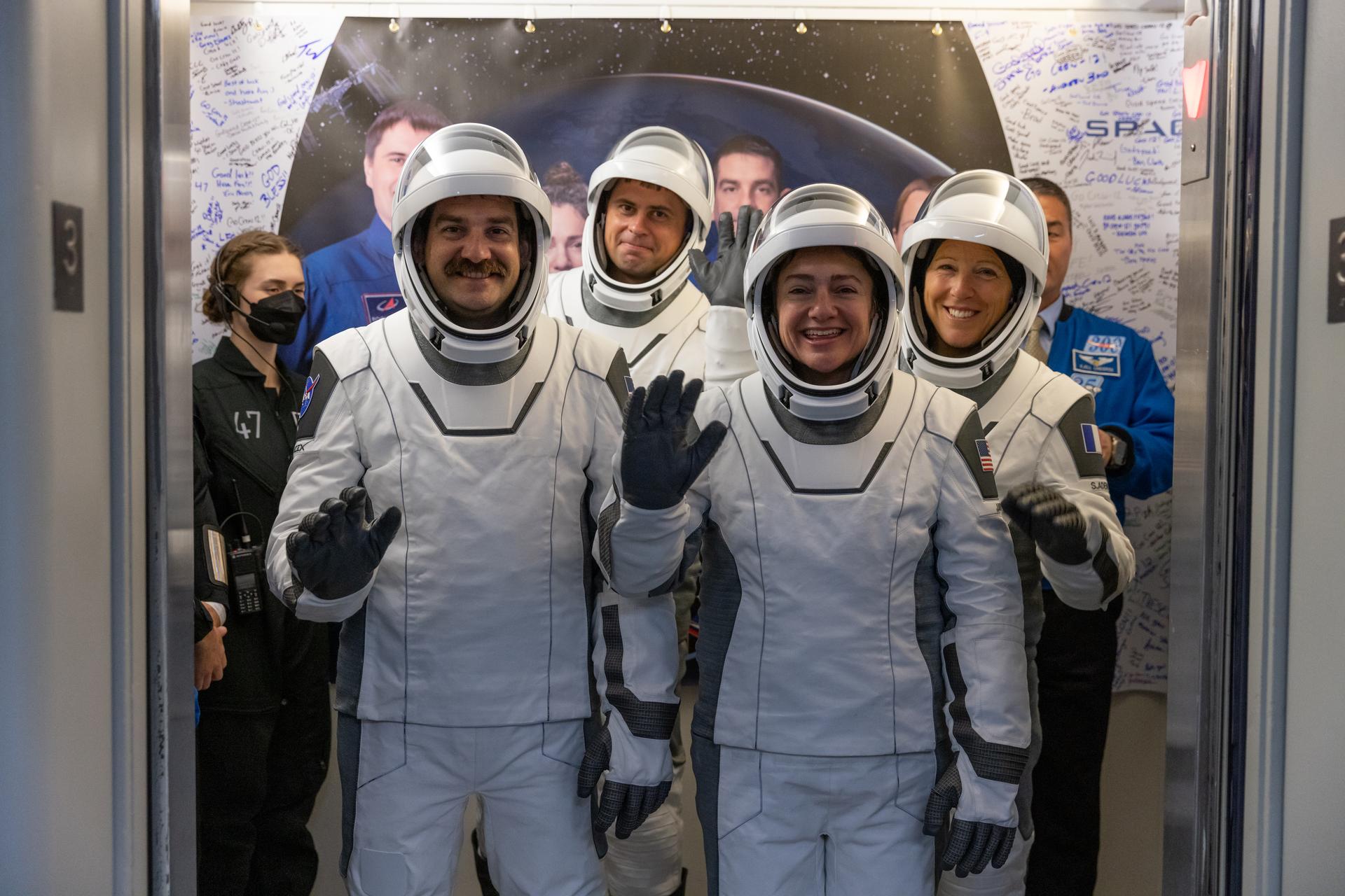 NASA’s SpaceX Crew-12 crew members board an elevator during walk out of the Neil A. Armstrong Operations and Checkout Building at the agency’s Kennedy Space Center in Florida for nearby Space Launch Complex 40 at Cape Canaveral Space Force Station for launch of Crew-12 on Friday, Feb. 13, 2026. NASA astronauts Jack Hathaway (left) and Jessica Meir (right) are followed by Roscosmos cosmonaut Andrey Fedyaev and ESA (European Space Agency) astronaut Sophie Adenot as they wave to family and friends as they depart. Crew-12 is scheduled to lift off aboard SpaceX’s Dragon spacecraft and Falcon 9 rocket to the International Space Station at 5:15 a.m. EST.