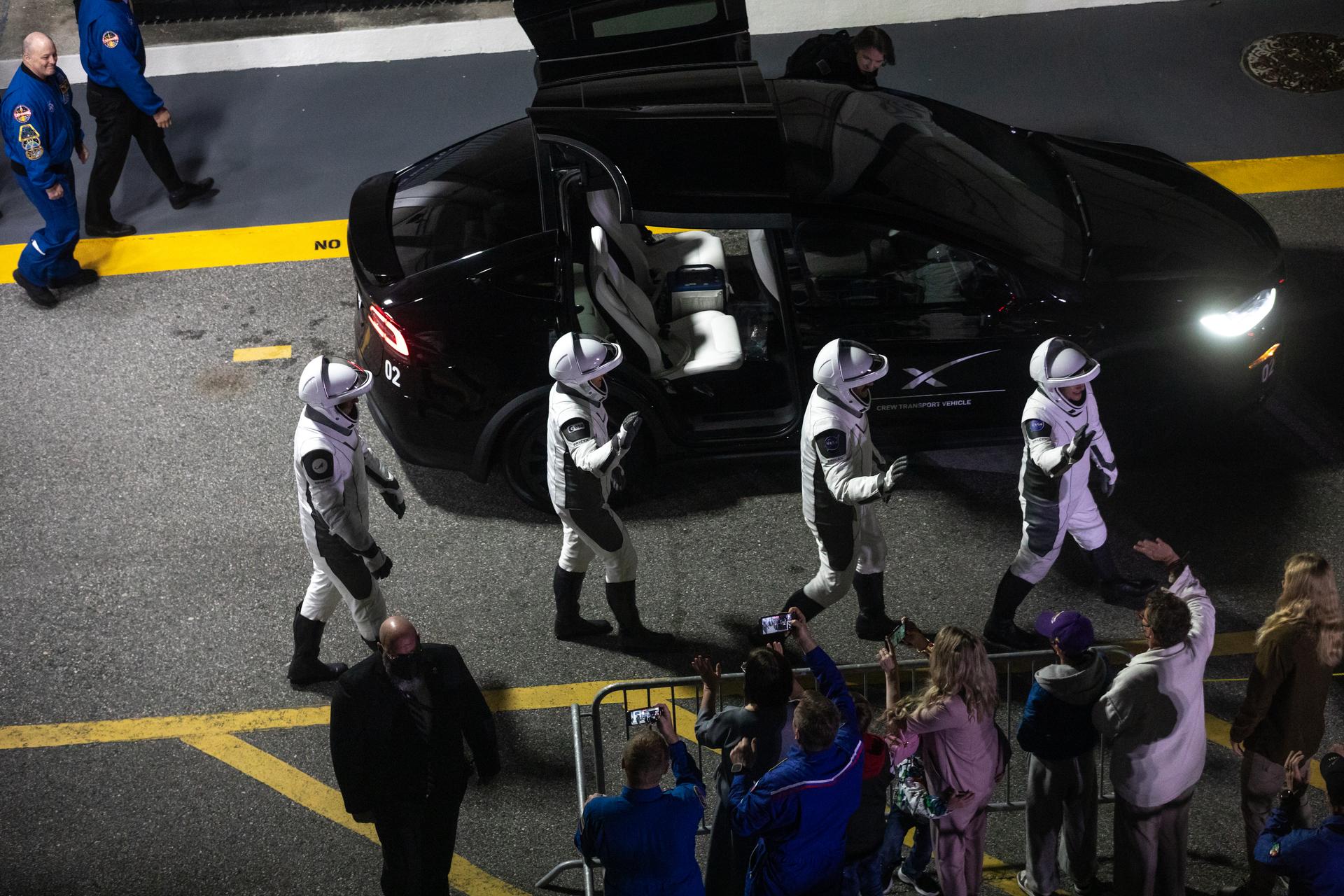 NASA’s SpaceX Crew-12 crew members wave to family and friends as they depart the Neil A. Armstrong Operations and Checkout Building at the agency’s Kennedy Space Center in Florida for nearby Space Launch Complex 40 at Cape Canaveral Space Force Station ahead of launch on Friday, Feb. 13, 2026. NASA astronauts Jessica Meir and Jack Hathaway, ESA (European Space Agency) astronaut Sophie Adenot, and Fedyaev are scheduled to lift off aboard SpaceX’s Dragon spacecraft and Falcon 9 rocket at 5:15 a.m. EST, from Space Launch Complex 40 at Cape Canaveral Space Force Station in Florida.