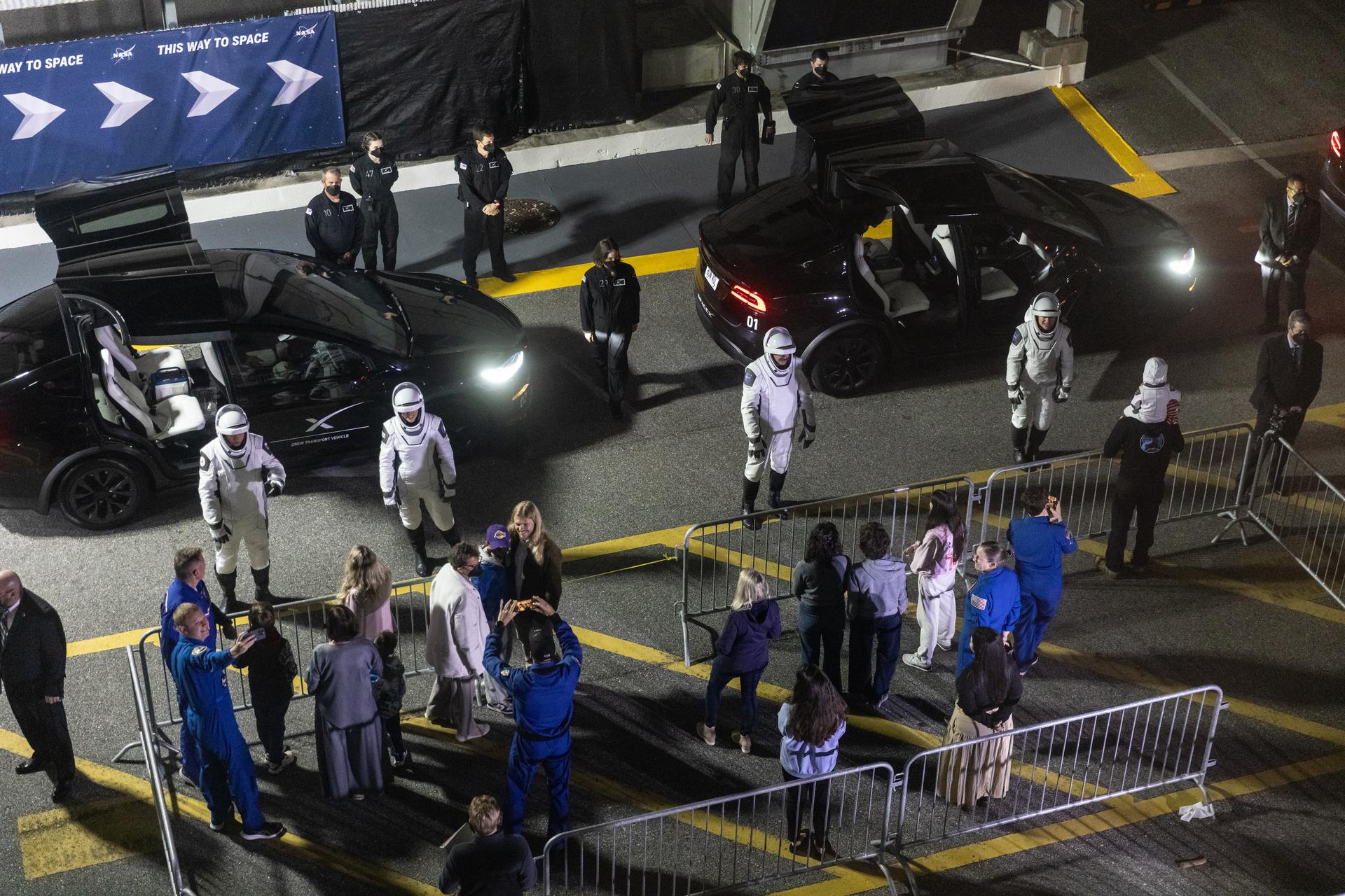 NASA’s SpaceX Crew-12 crew members wave to family and friends as they depart the Neil A. Armstrong Operations and Checkout Building at the agency’s Kennedy Space Center in Florida for nearby Space Launch Complex 40 at Cape Canaveral Space Force Station ahead of launch on Friday, Feb. 13, 2026. NASA astronauts Jessica Meir and Jack Hathaway, ESA (European Space Agency) astronaut Sophie Adenot, and Fedyaev are scheduled to lift off aboard SpaceX’s Dragon spacecraft and Falcon 9 rocket at 5:15 a.m. EST, from Space Launch Complex 40 at Cape Canaveral Space Force Station in Florida.