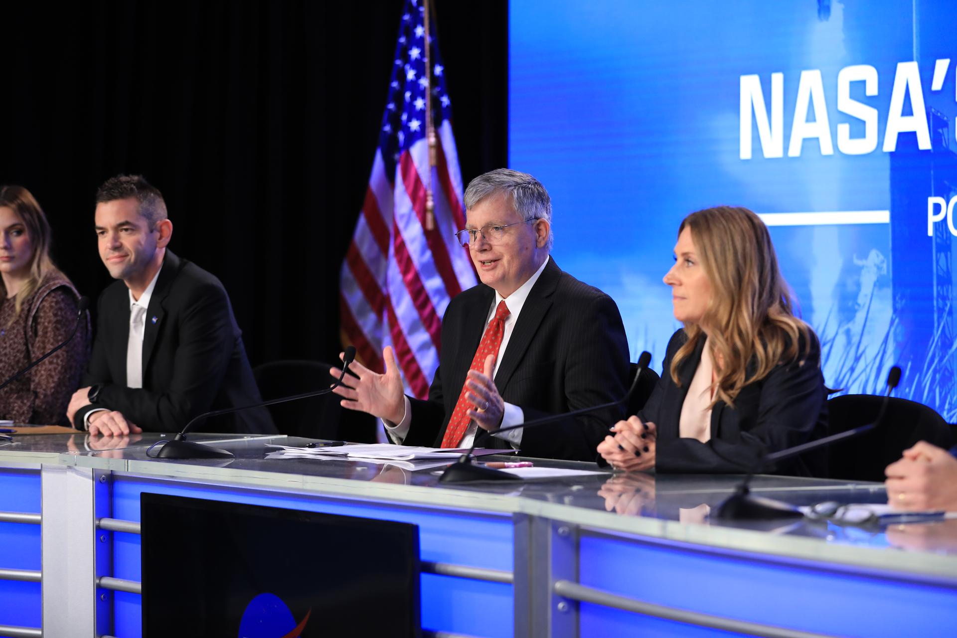 Steve Stich (center), manager, NASA’s Commercial Crew Program, participates in a postlaunch news conference with leadership from NASA, ESA (European Space Agency), and SpaceX at the agency’s Kennedy Space Center in Florida on Friday, Feb. 13, 2026, following the launch of NASA’s SpaceX Crew-12 mission to the International Space Station. NASA astronauts Jessica Meir and Jack Hathaway, ESA astronaut Sophie Adenot, and Roscosmos cosmonaut Andrey Fedyaev launched to the International Space Station aboard SpaceX’s Dragon spacecraft and Falcon 9 rocket at 5:15 a.m. EST on the 12th crew rotation mission with SpaceX to the space station as part of NASA’s Commercial Crew Program.