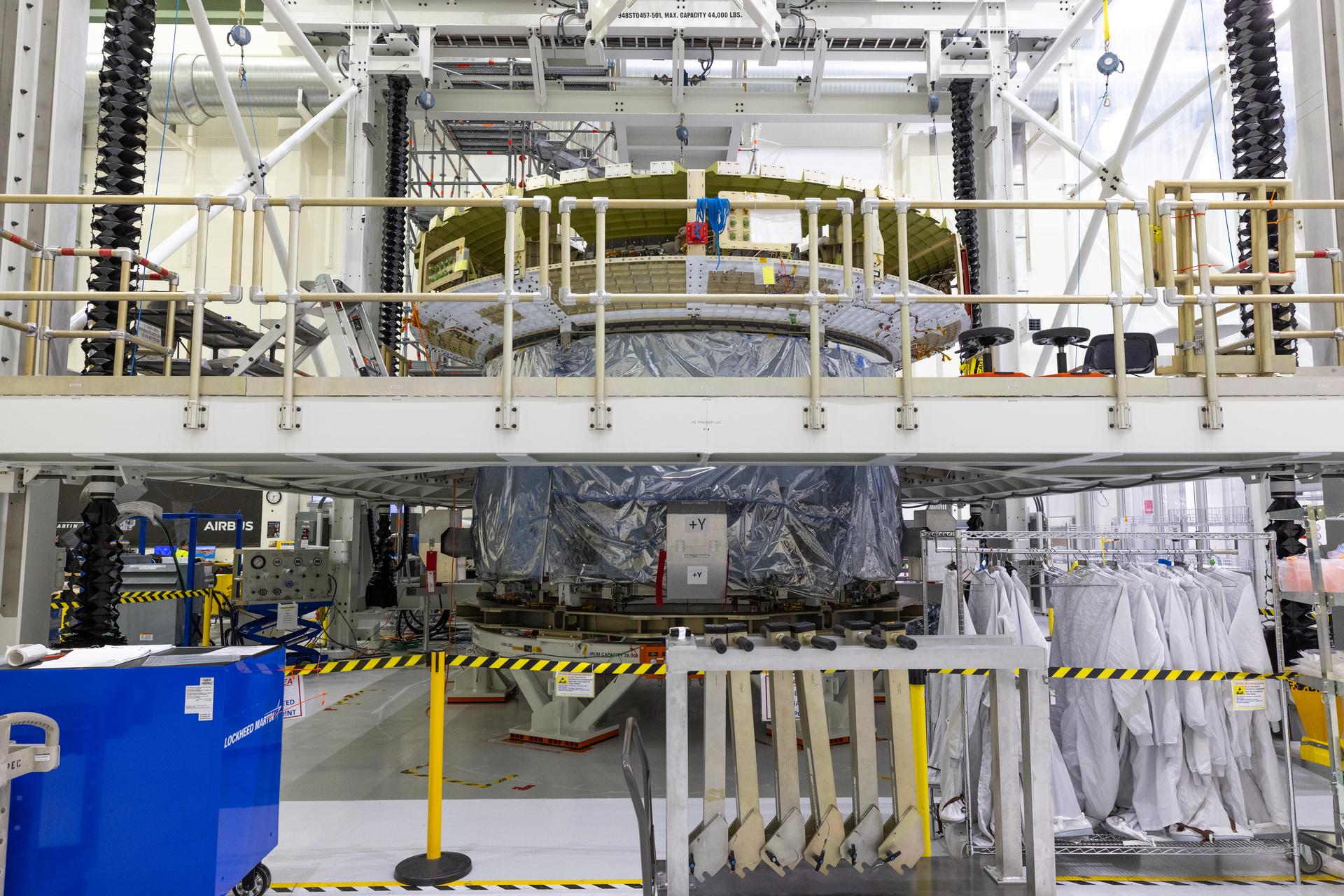 Teams prepare for the installation of the engine nozzle onto the European Service Module for NASA’s Artemis III mission on Tuesday, Feb. 17, 2026, inside the high bay of the Neil A. Armstrong Operations and Checkout Building at NASA’s Kennedy Space Center in Florida. The service module provides the Orion spacecraft’s propulsion, thermal control, electrical power, and life support systems during the Artemis III mission to send humans to explore the lunar South Pole region.