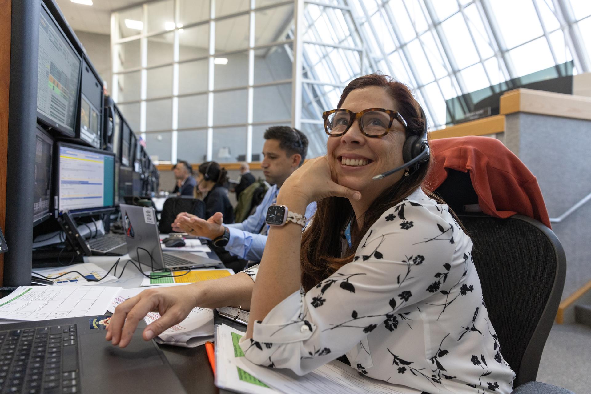 Lili Villarreal, Artemis II landing and recovery director in Exploration Ground Systems, participates in the second wet dress rehearsal for the Artemis II mission on Thursday, Feb. 19, 2026, inside Firing Room 1 at the Rocco A. Petrone Launch Control Center at NASA’s Kennedy Space Center in Florida. The wet dress rehearsal allows the Artemis II launch team to run through operations to load propellant, conduct a full launch countdown, demonstrate the ability to recycle the countdown clock, and drain the tanks to practice timelines and procedures for launch. The Artemis II test flight will take Commander Reid Wiseman, Pilot Victor Glover, and Mission Specialist Christina Koch from NASA, and Mission Specialist Jeremy Hansen from the CSA (Canadian Space Agency), around the Moon and back to Earth from Launch Complex 39B at NASA Kennedy.