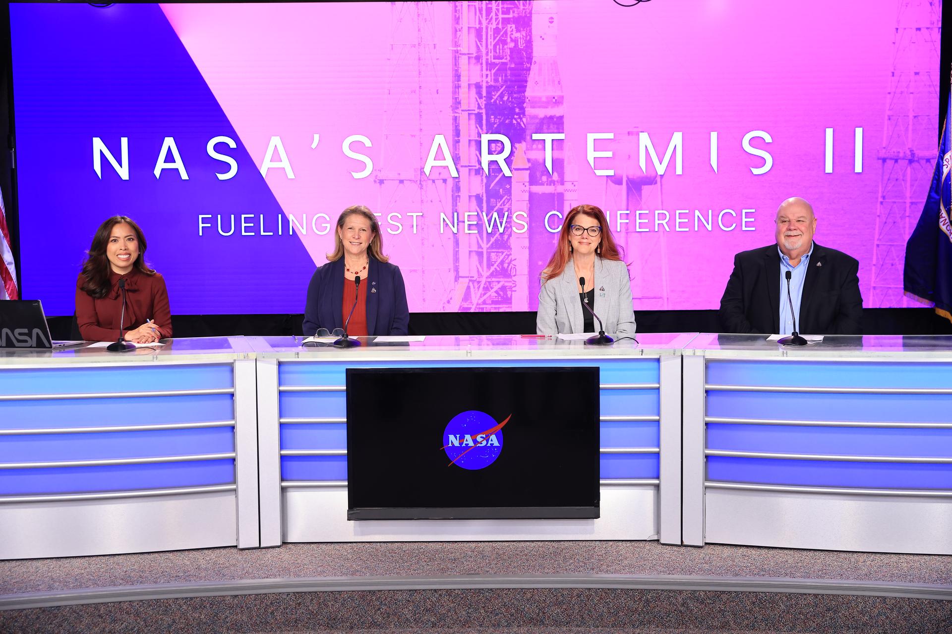 From left to right, Megan Cruz, NASA Communications; Lori Glaze, acting associate administrator for Exploration Systems Development Mission Directorate; Charlie Blackwell-Thompson, launch director, Exploration Ground Systems Program; and John Honeycutt, chair, Artemis II mission management team, participate in a news conference on Friday, Feb. 20, 2026, to discuss the completion of the Artemis II second wet dress rehearsal at NASA’s Kennedy Space Center in Florida. The wet dress rehearsal allows the Artemis II launch team to run through operations to load propellant, conduct a full launch countdown, demonstrate the ability to recycle the countdown clock, and drain the tanks to practice timelines and procedures for launch. The Artemis II test flight will take Commander Reid Wiseman, Pilot Victor Glover, and Mission Specialist Christina Koch, from NASA and Mission Specialist Jeremy Hansen from the CSA (Canadian Space Agency), around the Moon and back to Earth from Launch Complex 39B at NASA Kennedy. 
