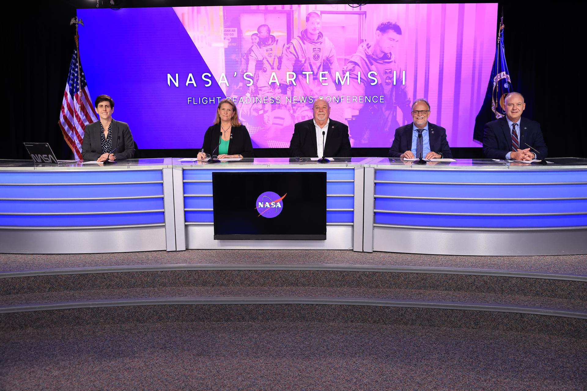 From left to right, Rachel Kraft, NASA Communications; Lori Glaze, acting associate administrator, Exploration Systems Development Mission Directorate; John Honeycutt, chair, Artemis II Mission Management Team; Shawn Quinn, manager, Exploration Ground Systems Program; and Norm Knight, director, Flight Operations Directorate, participate in a post-Flight Readiness Review news conference for the Artemis II test flight inside the John Holliman Auditorium of the NASA News Center at the agency’s Kennedy Space Center in Florida on Thursday, March 12, 2026. The review is an assessment of the readiness of NASA’s SLS (Space Launch System) rocket and Orion spacecraft to support the Artemis II test flight as four astronauts journey around the Moon and return to Earth. 