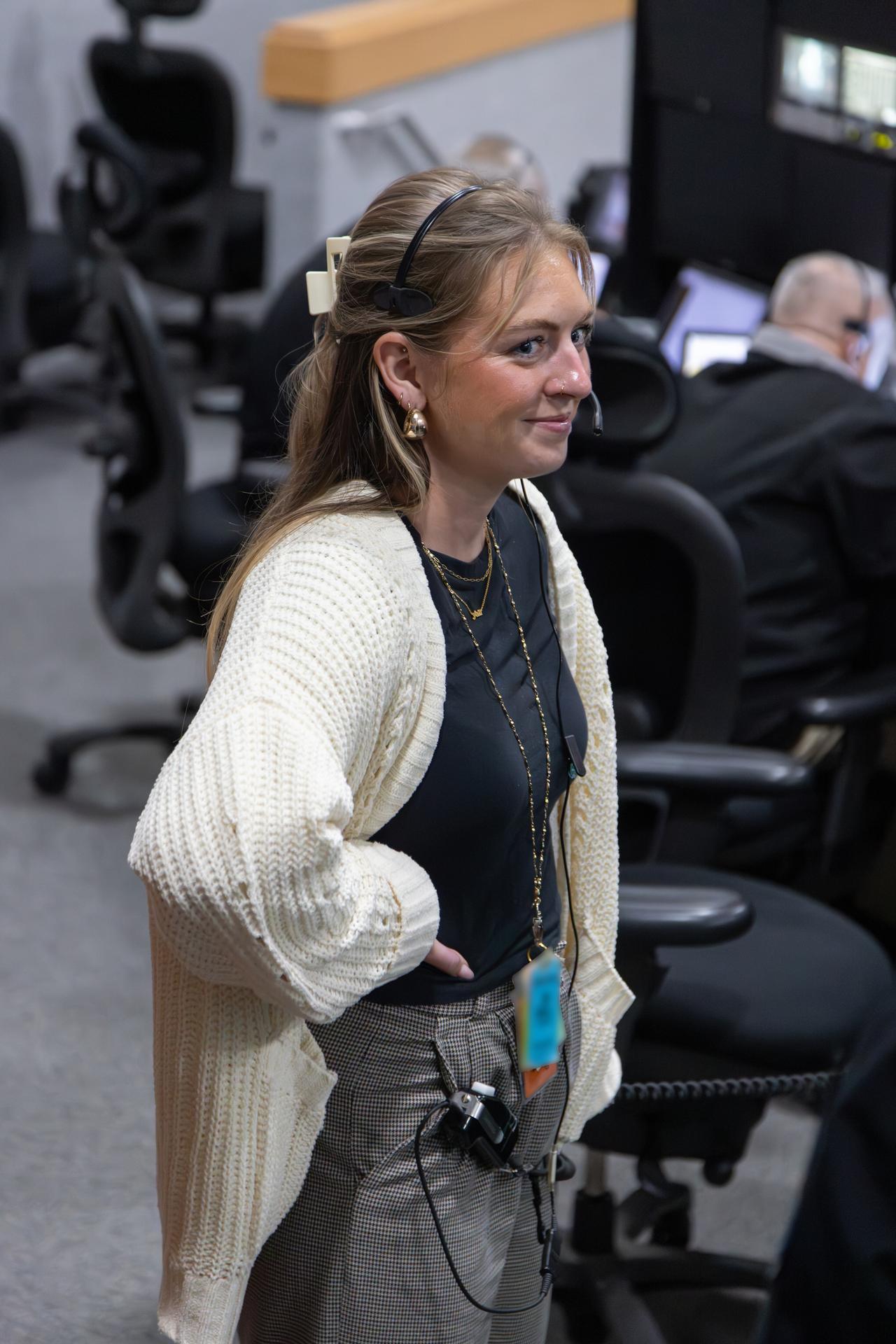 An Artemis launch team member, seen inside Firing Room 1 of the Rocco A. Petrone Launch Control Center, participates in the rollout of the Artemis II SLS (Space Launch System) rocket and Orion spacecraft from the Vehicle Assembly Building to Launch Complex 39B at NASA’s Kennedy Space Center in Florida on Friday, March 20, 2026. The Artemis II test flight will take Commander Reid Wiseman, Pilot Victor Glover, and Mission Specialist Christina Koch from NASA, and Mission Specialist Jeremy Hansen from the CSA (Canadian Space Agency), around the Moon and back to Earth with launch opportunities beginning in April 2026.
