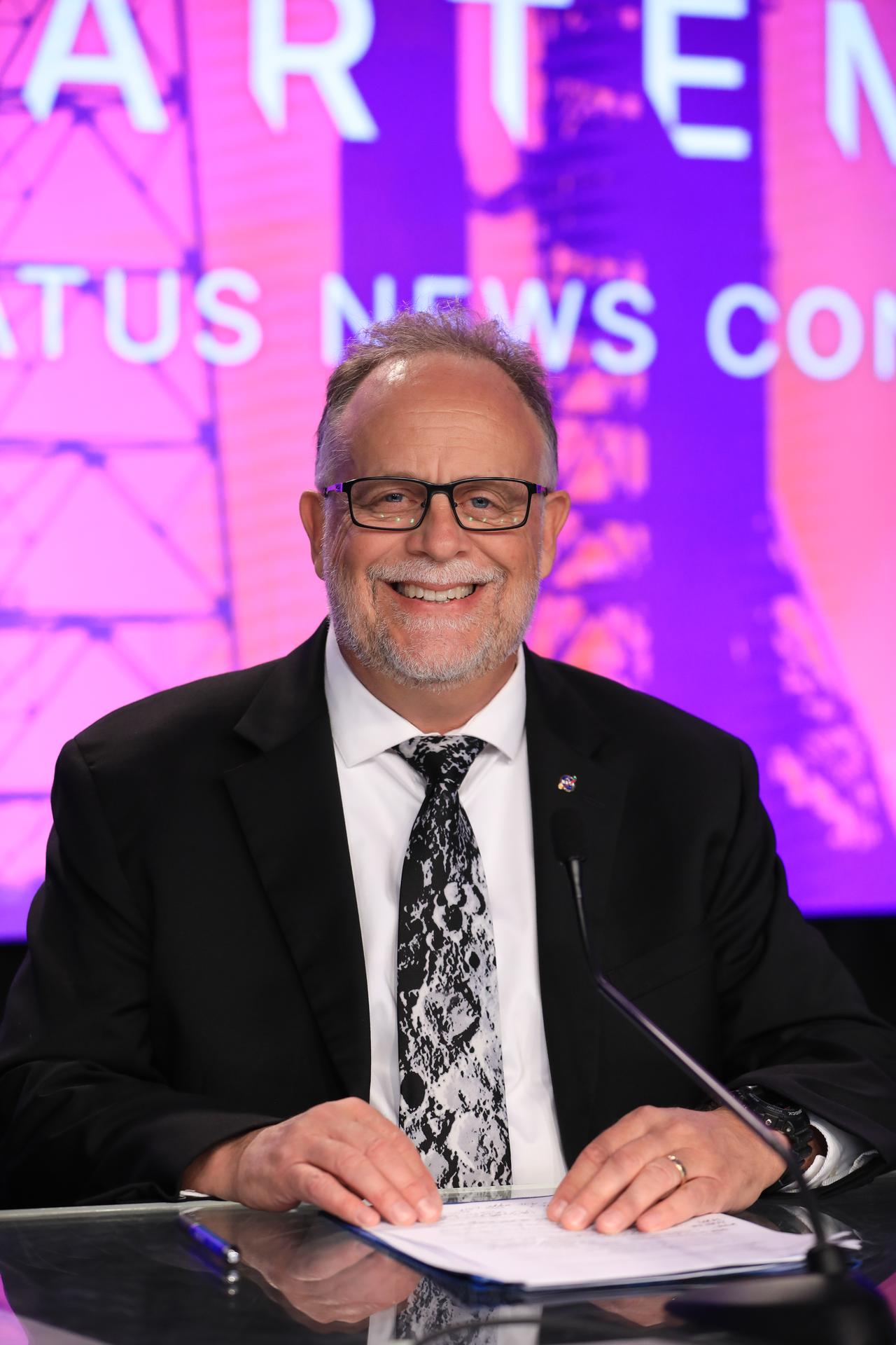Shawn Quinn, program manager, Exploration Ground Systems, participates in a news conference on Sunday, March 29, 2026, to discuss the upcoming Artemis II test flight at NASA’s Kennedy Space Center in Florida. The Artemis II mission will take Artemis II Commander Reid Wiseman, Pilot Victor Glover, and Mission Specialist Christina Koch from NASA, and Mission Specialist Jeremy Hansen from the CSA (Canadian Space Agency) on a 10-day journey around the Moon and back aboard NASA’s SLS (Space Launch System) rocket and Orion spacecraft from Launch Complex 39B no earlier than 6:24 p.m. EDT on Wednesday, April 1. 