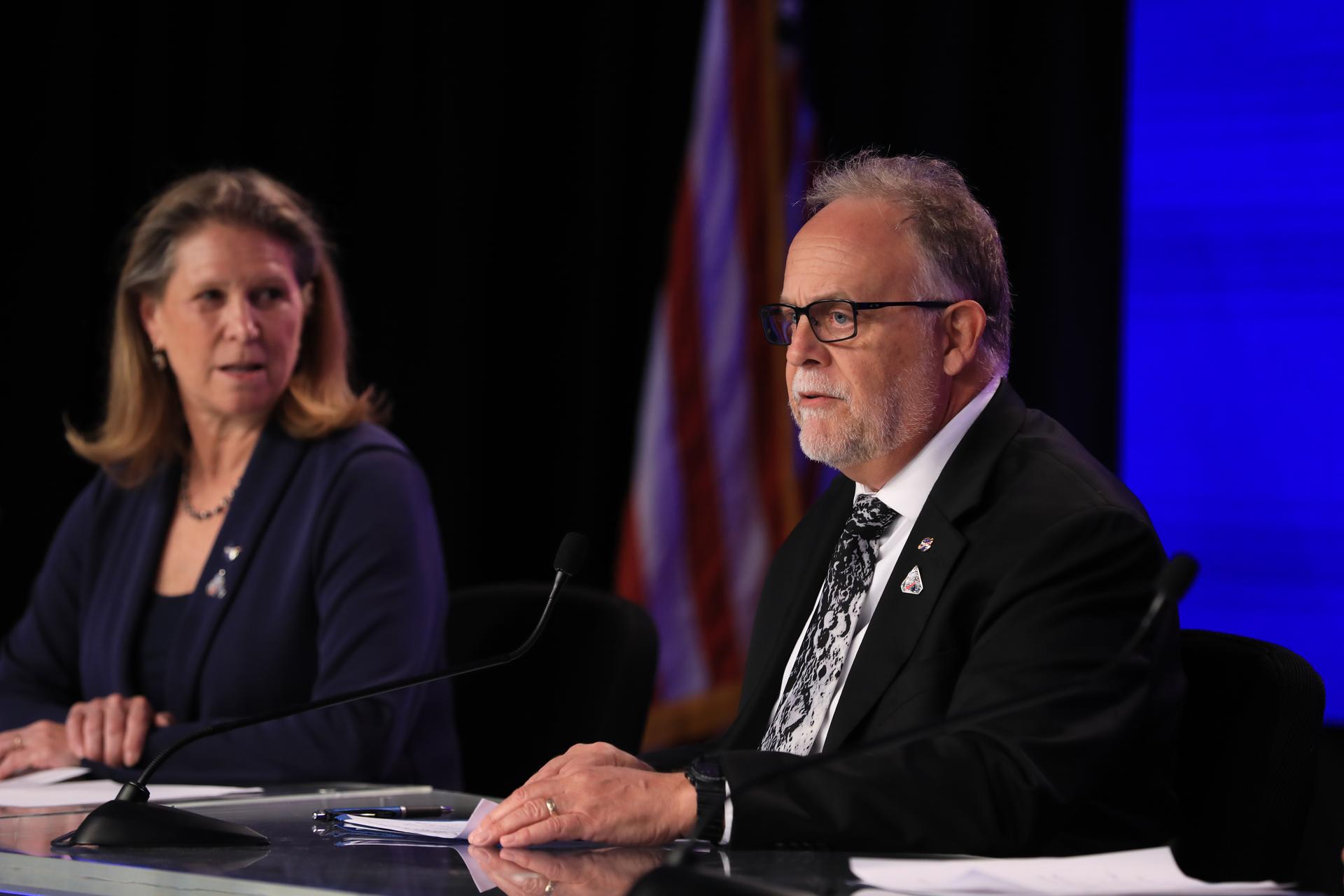 From left, Lori Glaze, acting associate administrator, Exploration Systems Development Mission Directorate and Shawn Quinn, program manager, Exploration Ground Systems, participate in a news conference on Sunday, March 29, 2026, to discuss the upcoming Artemis II test flight at NASA’s Kennedy Space Center in Florida. The Artemis II mission will take Artemis II Commander Reid Wiseman, Pilot Victor Glover, and Mission Specialist Christina Koch from NASA, and Mission Specialist Jeremy Hansen from the CSA (Canadian Space Agency) on a 10-day journey around the Moon and back aboard NASA’s SLS (Space Launch System) rocket and Orion spacecraft from Launch Complex 39B no earlier than 6:24 p.m. EDT on Wednesday, April 1. 