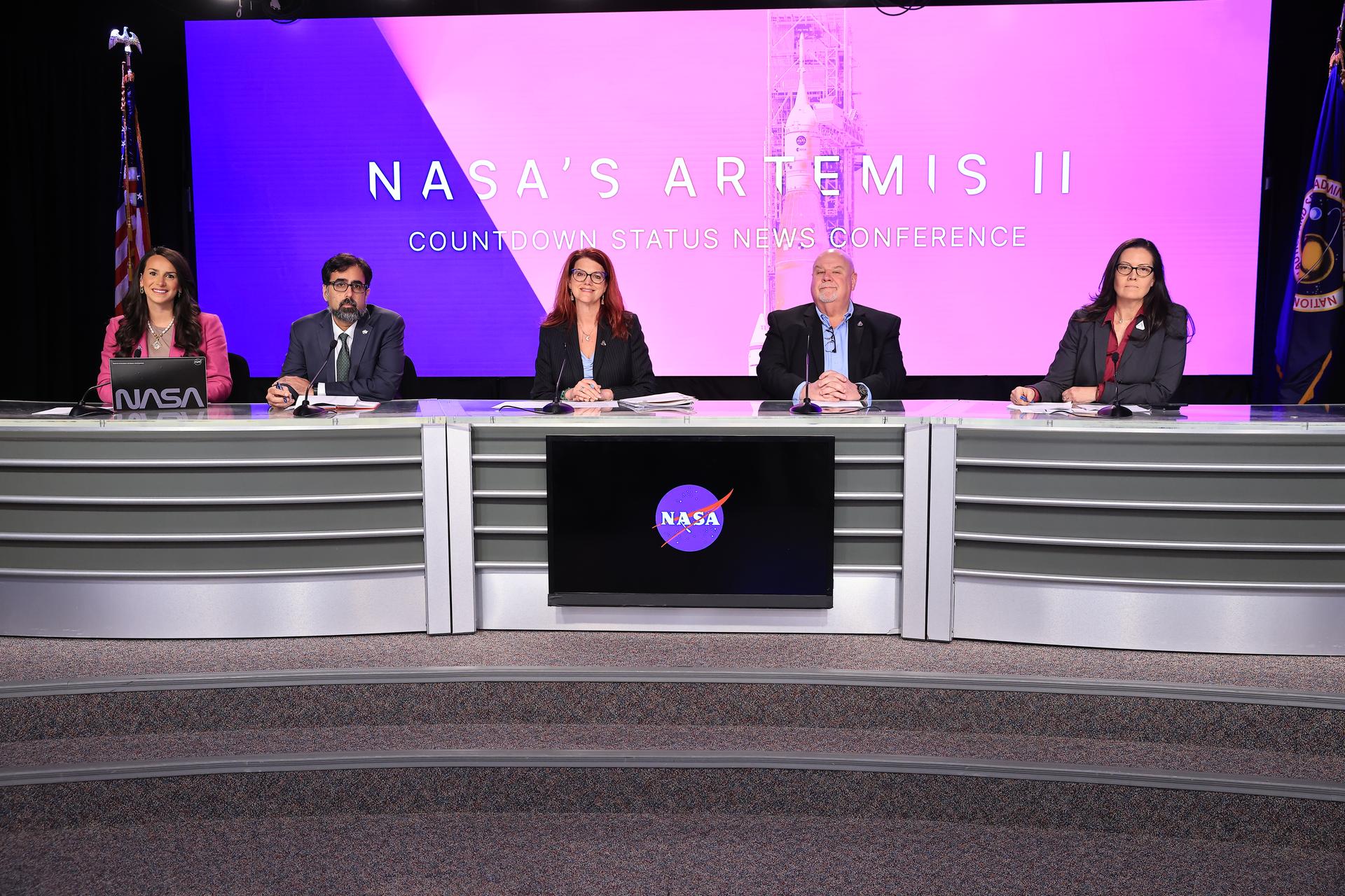 From left to right, Courtney Beasley, NASA communications; NASA Associate Administrator Amit Kshatriya; Charlie Blackwell-Thompson, Artemis II launch director; John Honeycutt, chair, Artemis II mission management team; and Emily Nelson, NASA’s chief flight director, participates in a news conference on Monday, March 30, 2026, to discuss the upcoming Artemis II test flight at the agency’s Kennedy Space Center in Florida. The Artemis II mission will take Artemis II Commander Reid Wiseman, Pilot Victor Glover, and Mission Specialist Christina Koch from NASA, and Mission Specialist Jeremy Hansen from the CSA (Canadian Space Agency) on a 10-day journey around the Moon and back aboard NASA’s SLS (Space Launch System) rocket and Orion spacecraft from Launch Complex 39B no earlier than 6:24 p.m. EDT on Wednesday, April 1. 