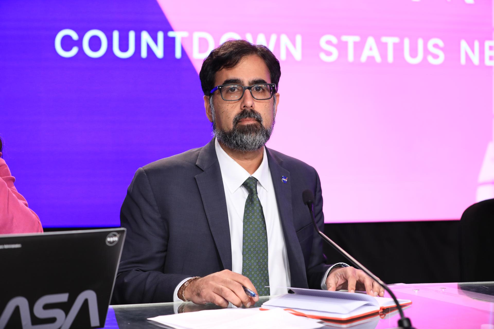 NASA Associate Administrator Amit Kshatriya participates in a news conference on Monday, March 30, 2026, to discuss the upcoming Artemis II test flight at NASA’s Kennedy Space Center in Florida. The Artemis II mission will take Artemis II Commander Reid Wiseman, Pilot Victor Glover, and Mission Specialist Christina Koch from NASA, and Mission Specialist Jeremy Hansen from the CSA (Canadian Space Agency) on a 10-day journey around the Moon and back aboard NASA’s SLS (Space Launch System) rocket and Orion spacecraft from Launch Complex 39B no earlier than 6:24 p.m. EDT on Wednesday, April 1. 