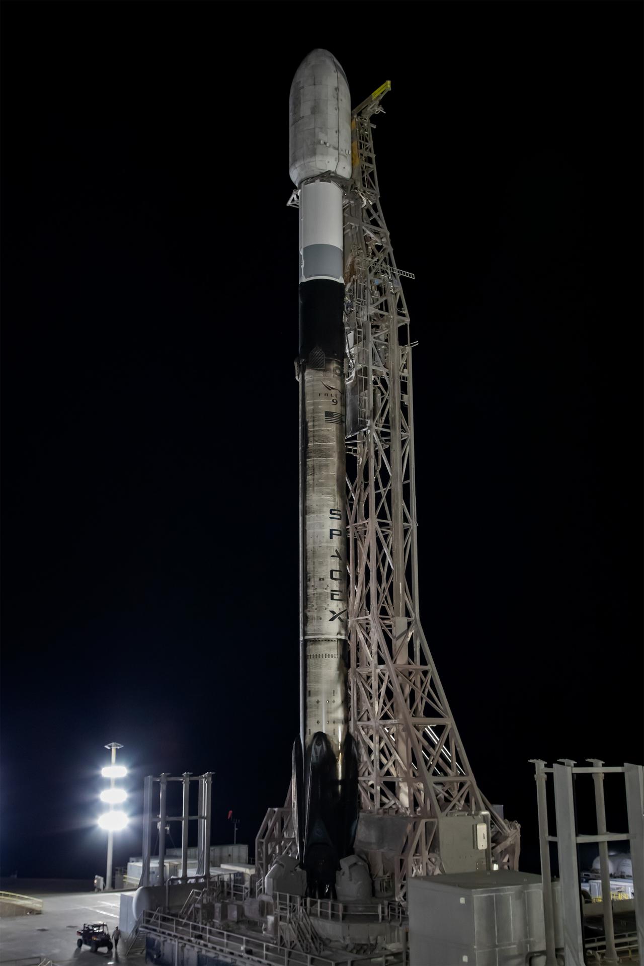 A SpaceX Falcon 9 rocket carrying several NASA small satellites and instruments stands vertical on the pad at Space Launch Complex 4 East at Vandenberg Space Force Base in California on Monday, March 30, 2026, as part of the company’s Transporter-16 mission. The demonstrations will test thermal protection systems, advance in-space communications, deepen our understanding of Earth's atmosphere, and more to foster capabilities for NASA’s exploration and research goals.