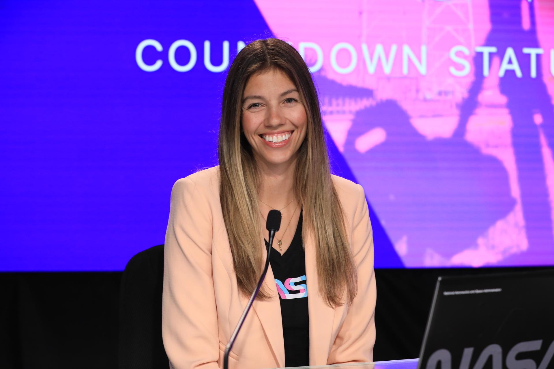 Antonia Jaramillo, NASA communications, participates in a news conference on Tuesday, March 31, 2026, to discuss the upcoming Artemis II test flight at NASA’s Kennedy Space Center in Florida. The Artemis II mission will take Artemis II Commander Reid Wiseman, Pilot Victor Glover, and Mission Specialist Christina Koch from NASA, and Mission Specialist Jeremy Hansen from the CSA (Canadian Space Agency) on a 10-day journey around the Moon and back aboard NASA’s SLS (Space Launch System) rocket and Orion spacecraft from Launch Complex 39B no earlier than 6:24 p.m. EDT on Wednesday, April 1. 