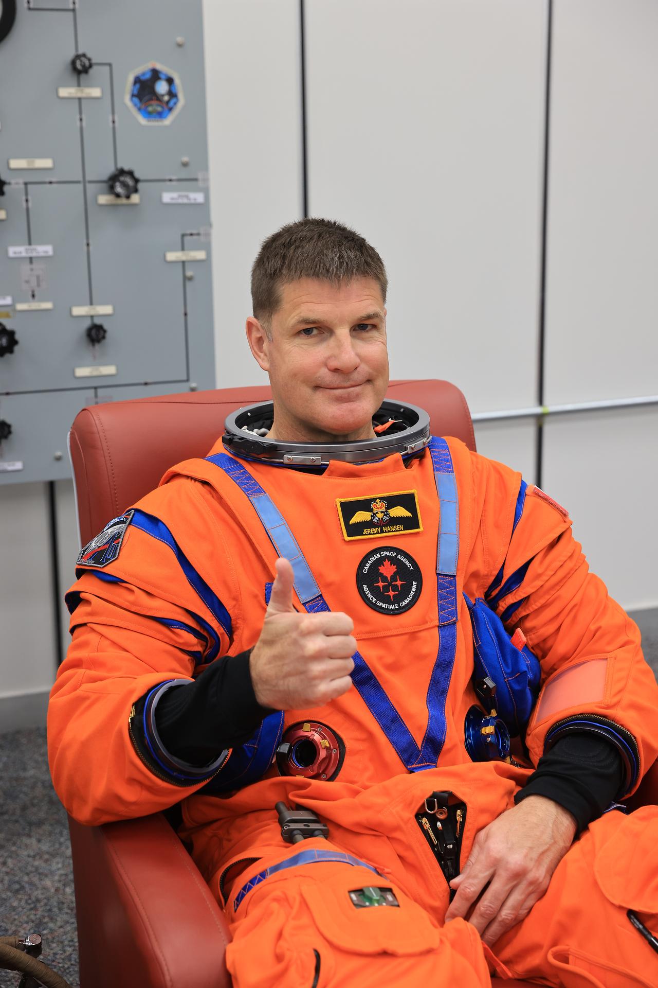 CSA (Canadian Space Agency) astronaut Jeremy Hansen, Artemis II mission specialist, conducts leak checks on his spacesuit inside the crew suit-up room in the Neil A. Armstrong Operations and Checkout Building at the agency’s Kennedy Space Center in Florida on Wednesday, April 1, 2026, ahead of the Artemis II test flight. The mission will take Hansen, Commander Reid Wiseman, Pilot Victor Glover, and Mission Specialist Christina Koch, from NASA, on a 10-day journey around the Moon and back aboard NASA’s SLS (Space Launch System) rocket and Orion spacecraft with a two-hour launch window opening at 6:24 p.m. EDT from Launch Complex 39B at NASA Kennedy. 
