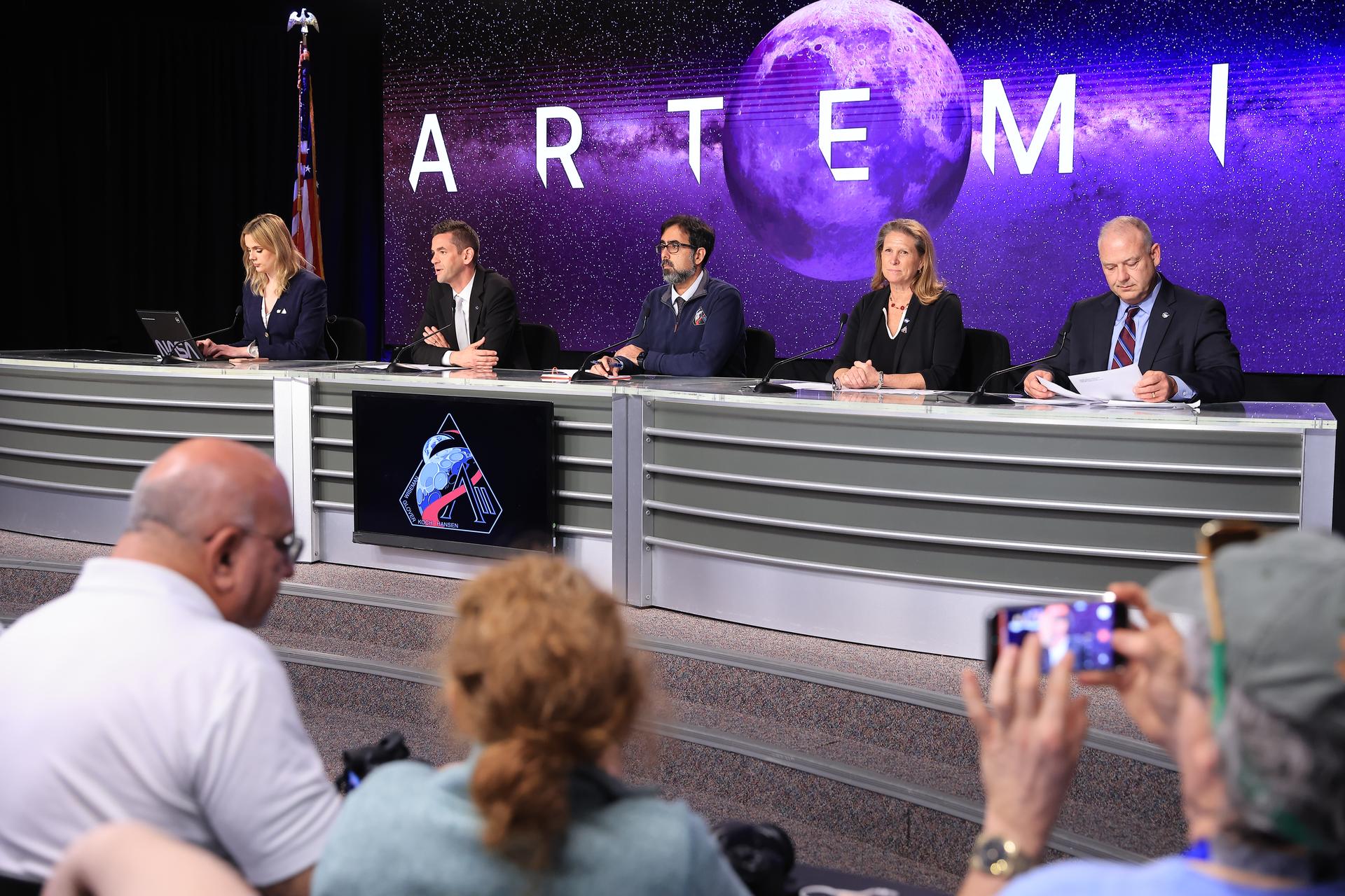 From left to right, Bethany Stevens, NASA communications; NASA Administrator Jared Isaacman; NASA Associate Administrator Amit Kshatriya; Lori Glaze, acting associate administrator, NASA’s Exploration Systems Development Mission Directorate; and Norm Knight, director, NASA’s Flight Operations Directorate, participate in a news conference on Wednesday, April 1, 2026, inside the John Holliman Auditorium of the NASA News Center at the agency’s Kennedy Space Center in Florida to discuss the liftoff of the Artemis II test flight. The Artemis II mission will take Artemis II Commander Reid Wiseman, Pilot Victor Glover, and Mission Specialist Christina Koch from NASA, and Mission Specialist Jeremy Hansen from the CSA (Canadian Space Agency) on a 10-day journey around the Moon and back. 