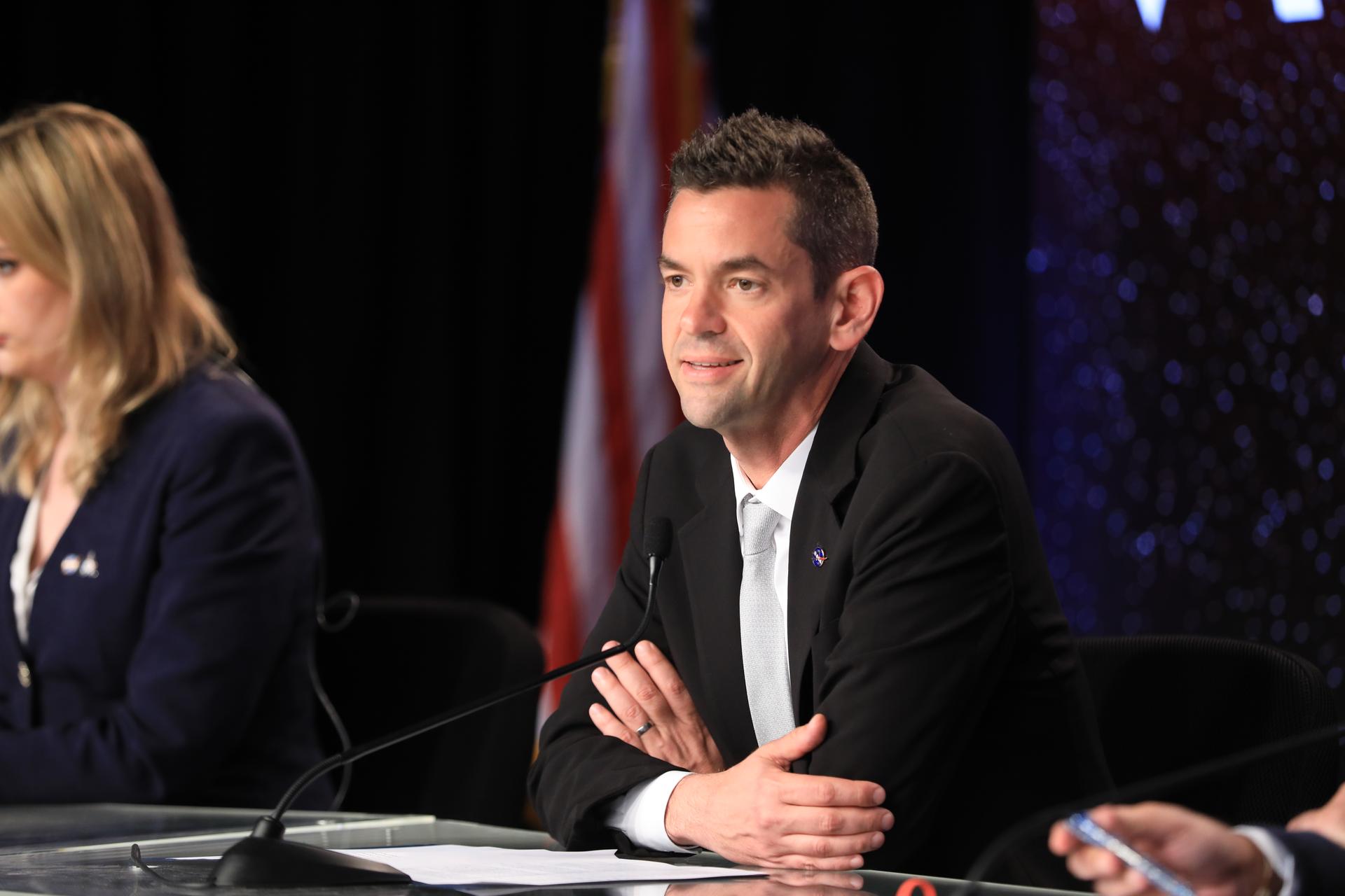 NASA Administrator Jared Isaacman participates in a news conference on Wednesday, April 1, 2026, inside the John Holliman Auditorium of the NASA News Center at the agency’s Kennedy Space Center in Florida to discuss the liftoff of the Artemis II test flight. The Artemis II mission will take Artemis II Commander Reid Wiseman, Pilot Victor Glover, and Mission Specialist Christina Koch from NASA, and Mission Specialist Jeremy Hansen from the CSA (Canadian Space Agency) on a 10-day journey around the Moon and back.