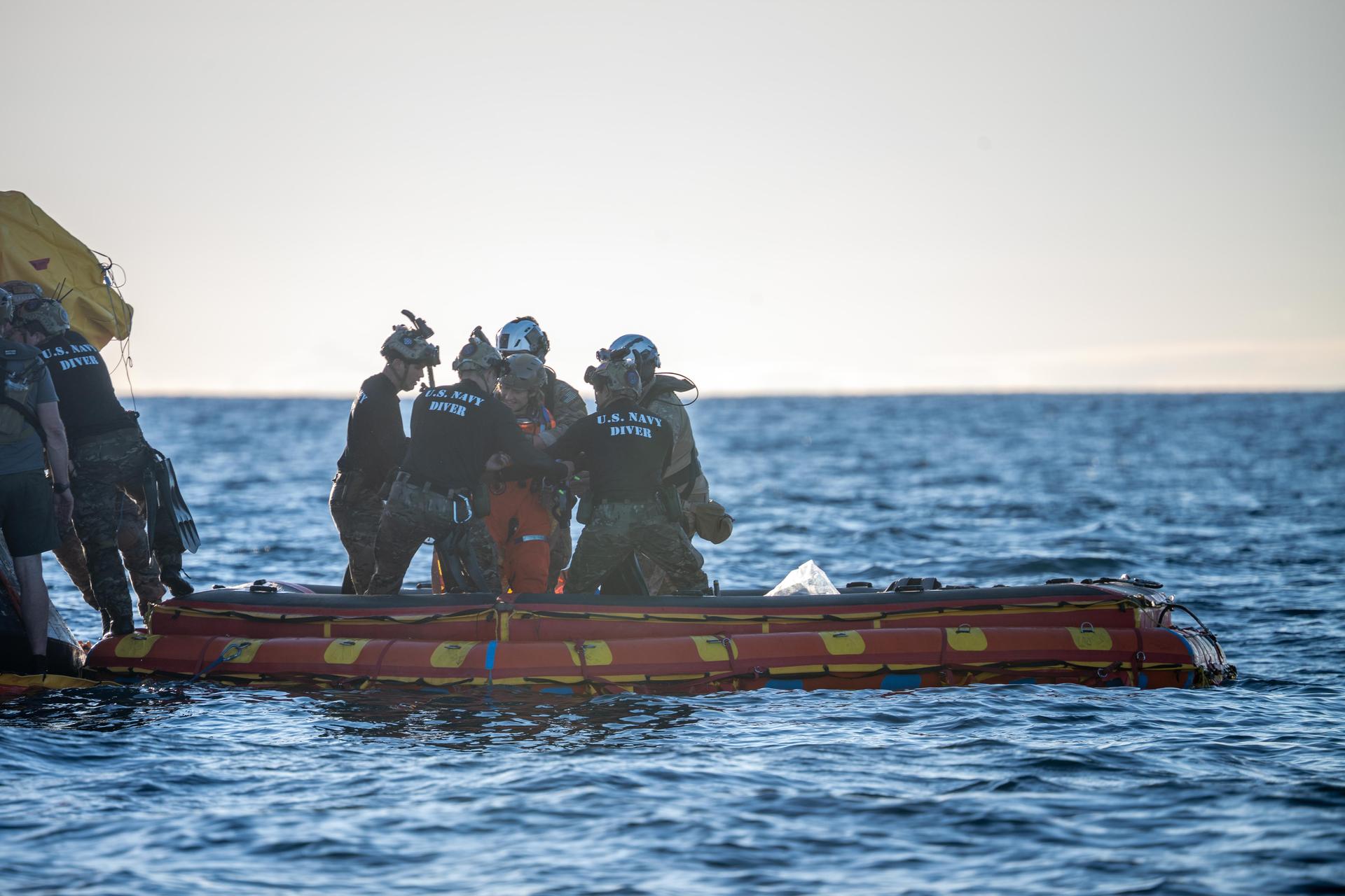 Artemis II Mission Specialist Christina Koch, from NASA, is extracted from NASA’s Orion spacecraft and loaded onto an inflatable raft, called the front porch, following splashdown in the Pacific Ocean near San Diego, California, at 5:07 p.m. PDT, (8:07 p.m. EDT) on Friday, April 10, 2026. Koch and the other Artemis II crew will be taken to USS John P. Murtha to be routinely examined while NASA’s Landing and Recovery team and the U.S. Navy recover Orion and secure it in the well deck of the USS John P. Murtha. The Artemis II test flight launched on Wednesday, April 1, from NASA’s Kennedy Space Center in Florida to begin its 10-day journey around the Moon for scientific discovery, economic benefits, and to build on our foundation for the first crewed missions to Mars.