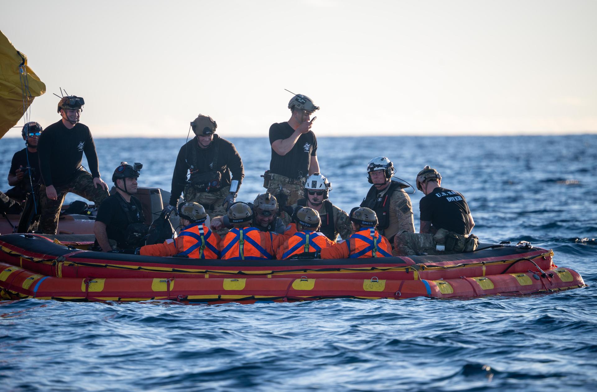 From left to right, Artemis II Commander Reid Wiseman, Mission Specialist Jeremy Hansen from the CSA (Canadian Space Agency), Pilot Victor Glover, and Mission Specialist Christina Koch from NASA, are extracted from NASA’s Orion spacecraft and loaded onto an inflatable raft, called the front porch, following splashdown in the Pacific Ocean near San Diego, California, at 5:07 p.m. PDT, (8:07 p.m. EDT) on Friday, April 10, 2026. The Artemis II crew will be taken to USS John P. Murtha to be routinely examined while NASA’s Landing and Recovery team and the U.S. Navy recover Orion and secure it in the well deck of USS John P. Murtha. The Artemis II test flight launched on Wednesday, April 1, from NASA’s Kennedy Space Center in Florida to begin its 10-day journey around the Moon for scientific discovery, economic benefits, and to build on our foundation for the first crewed missions to Mars.
