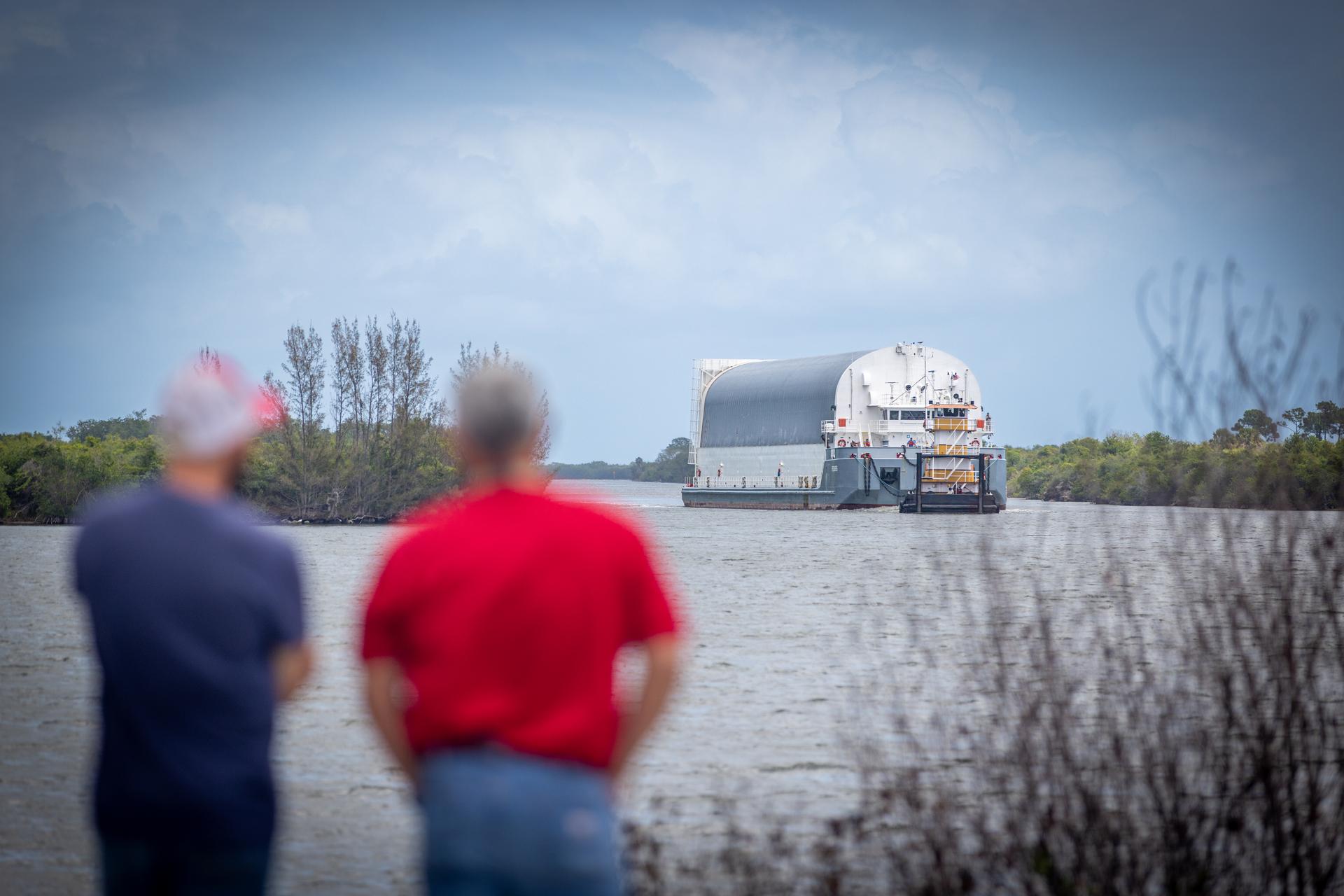 NASA’s Pegasus barge, carrying the top four-fifths of the agency’s SLS (Space Launch System) core stage for the Artemis III mission, arrives at NASA’s Kennedy Space Center Complex 39 turn basin wharf in Florida on Monday, April 27, 2026. Artemis III will launch astronauts to Earth’s orbit aboard the Orion spacecraft on top of SLS to test rendezvous and docking capabilities between Orion and commercial spacecraft needed to land Artemis IV astronauts on the Moon in 2028. 