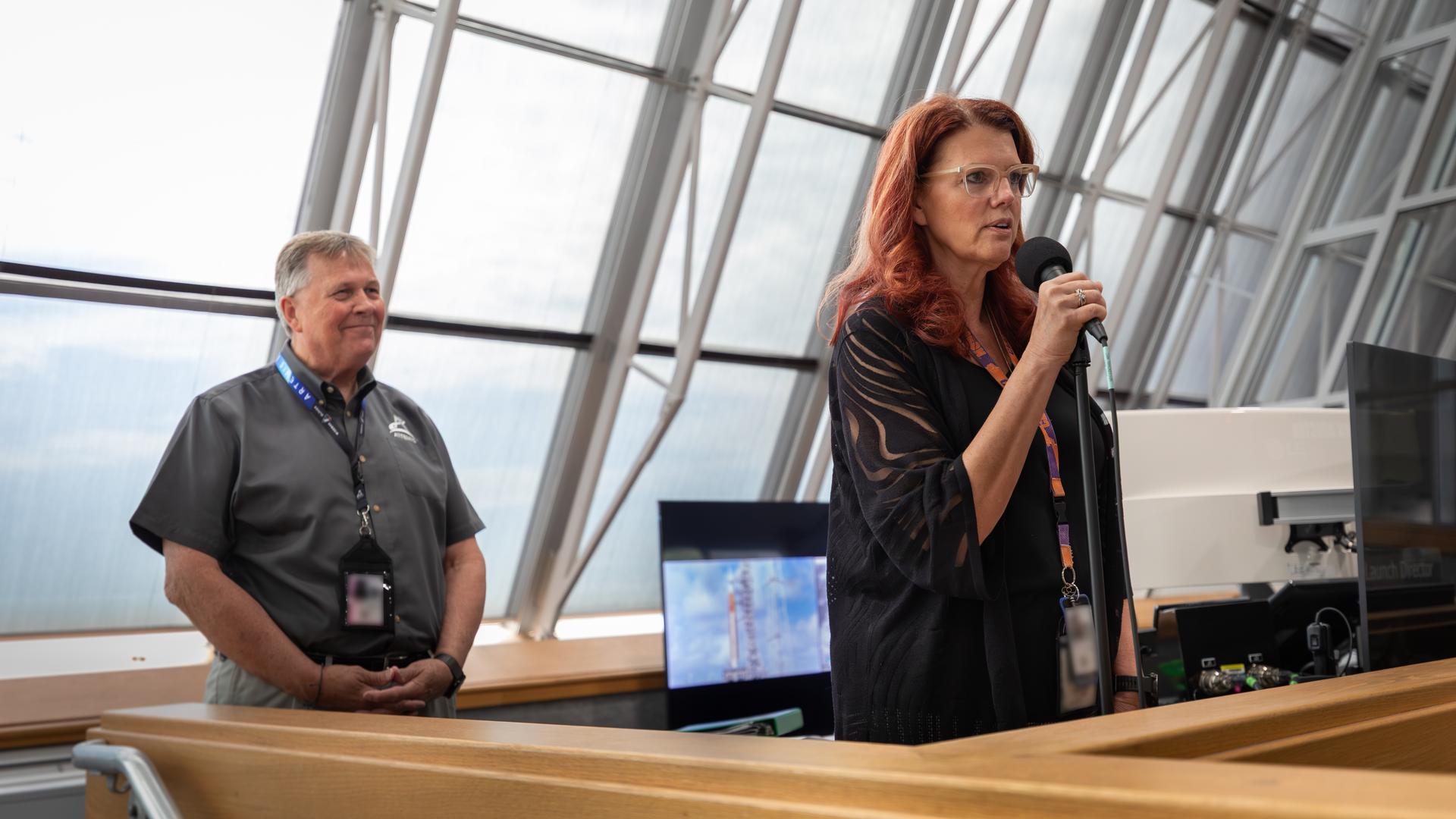 Artemis Launch Director Charlie Blackwell-Thompson delivers a speech on Thursday, June 11, 2026, about the retirement of NASA Test Director Jeff Spaulding inside Firing Room 1 of the Rocco A. Petrone Launch Control Center at NASA’s Kennedy Space Center in Florida. Spaulding began his career at NASA in 1987 as a NASA operations engineer overseeing orbiter processing activities for seven shuttle missions. He later went on to lead the Artemis II launch team during planning, scheduling, and execution on Artemis II on April 1, 2026.