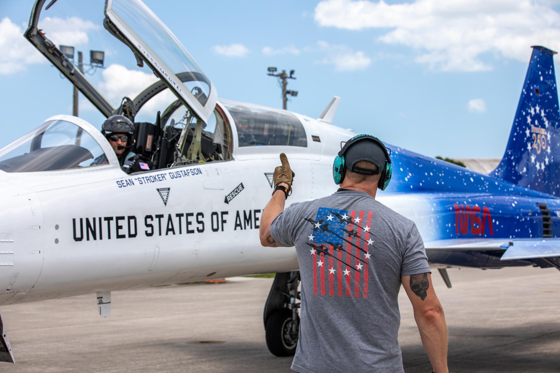 Piloting one of NASA Administrator Jared Isaacman’s personal F-5 aircraft, Pilot Scott Glaser is given the go-ahead to taxi for liftoff at the Launch and Landing Facility at the agency’s Kennedy Space Center in Florida, on Wednesday, June 17, 2026. As part of the administrator’s Flight Experience Award program, NASA employees Matthew Kufner, Charles Meilbye, and Aaron Smith donned NASA flight suits, completed preflight briefings, and experienced a unique flight. The ride-along flight experience award program highlights NASA’s commitment to celebrating excellence across the workforce.