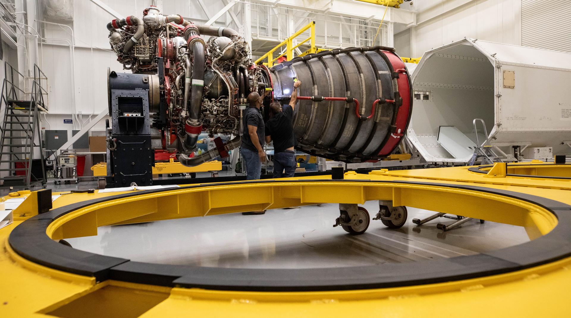 Teams at NASA’s Kennedy Space Center in Florida offload the second of four RS-25 SLS (Space Launch System) rocket engines built by L3 Harris Technologies for the agency's Artemis III mission on Tuesday, June 23, 2026, inside the spaceport’s Vehicle Assembly Building. The SLS rocket will use four RS-25 engines in the core stage to propel the Orion spacecraft into orbit providing over two million pounds of thrust at liftoff. As part of the Golden Age of innovation and exploration, NASA will send Artemis astronauts on increasingly difficult missions to explore more of the Moon for scientific discovery and economic benefits, establish an enduring human presence on the lunar surface, and build on our foundation for the first crewed missions to Mars.