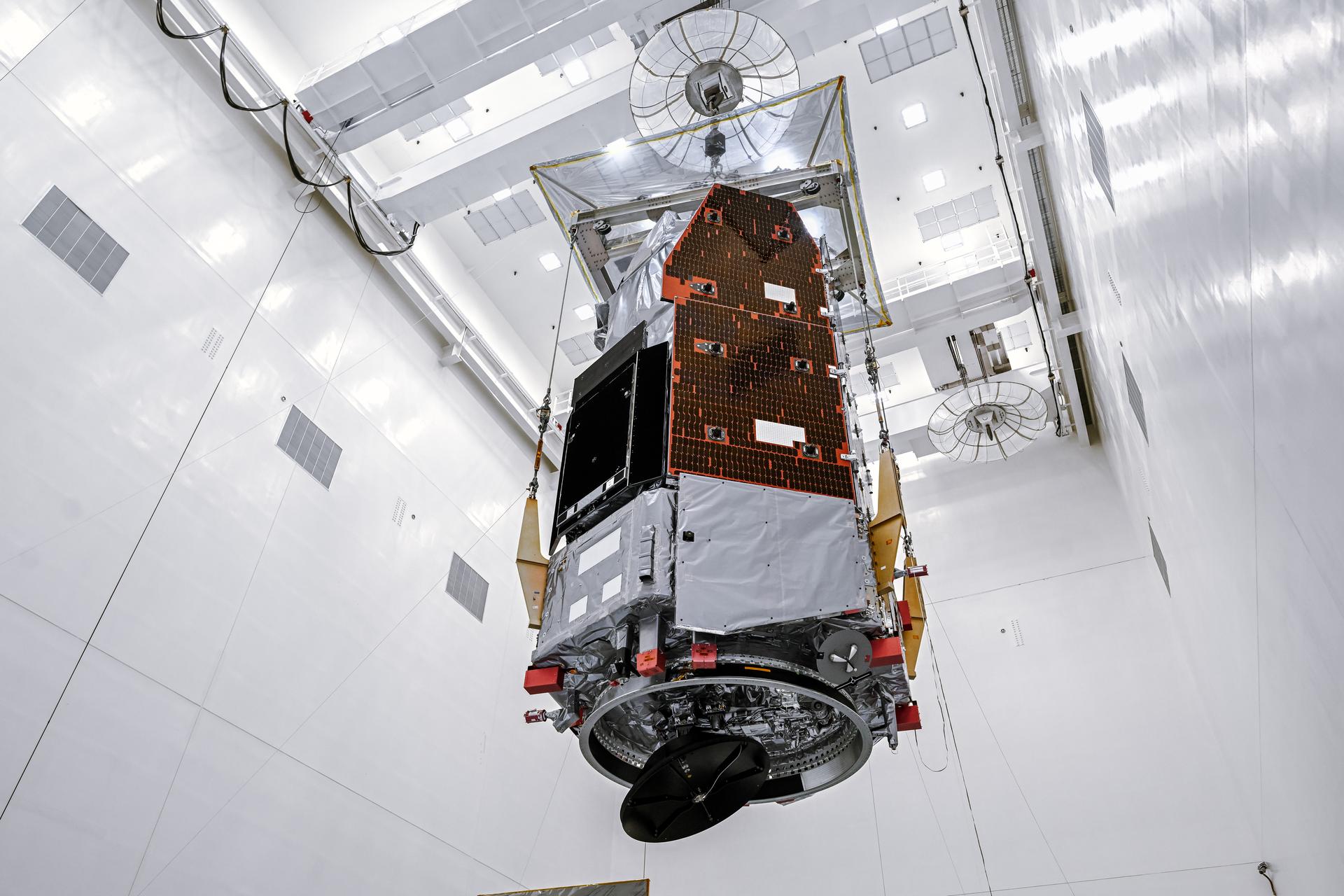 Technicians and engineers inside the Payload Hazardous Servicing Facility at NASA’s Kennedy Space Center in Florida use a crane to lift the agency’s Nancy Grace Roman Space Telescope to a specialized work stand Friday, June 26, 2026. Named for NASA’s first chief astronomer and “mother of the Hubble Space Telescope,” the Roman Space Telescope will offer a field of view at least 100 times larger than Hubble’s, resulting in deep, sweeping explorations of the cosmos.