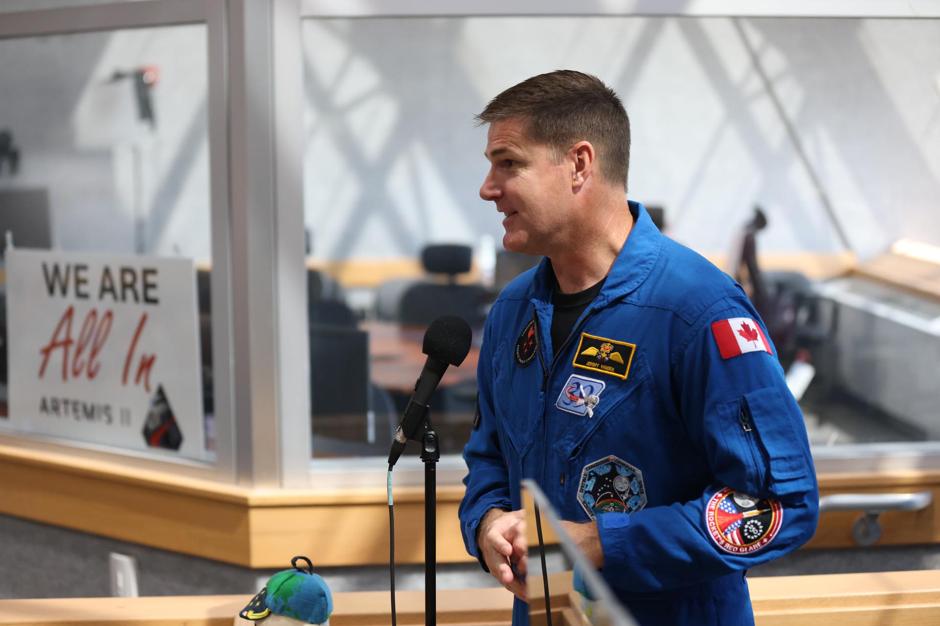 Artemis II CSA (Canadian Space Agency) astronaut Jeremy Hansen speaks to agency employees inside the Rocco A. Petrone Launch Control Center at NASA’s Kennedy Space Center in Florida on Tuesday, July 7, 2026. The Artemis II crew, Hansen, along with NASA astronauts Reid Wiseman, Victor Glover, and Christina Koch, returned to NASA Kennedy for their first official visit since launch of Artemis II on Wednesday, April 1, 2026, to visit with the center’s workforce and tour facilities to view progress on Artemis III prelaunch processing.