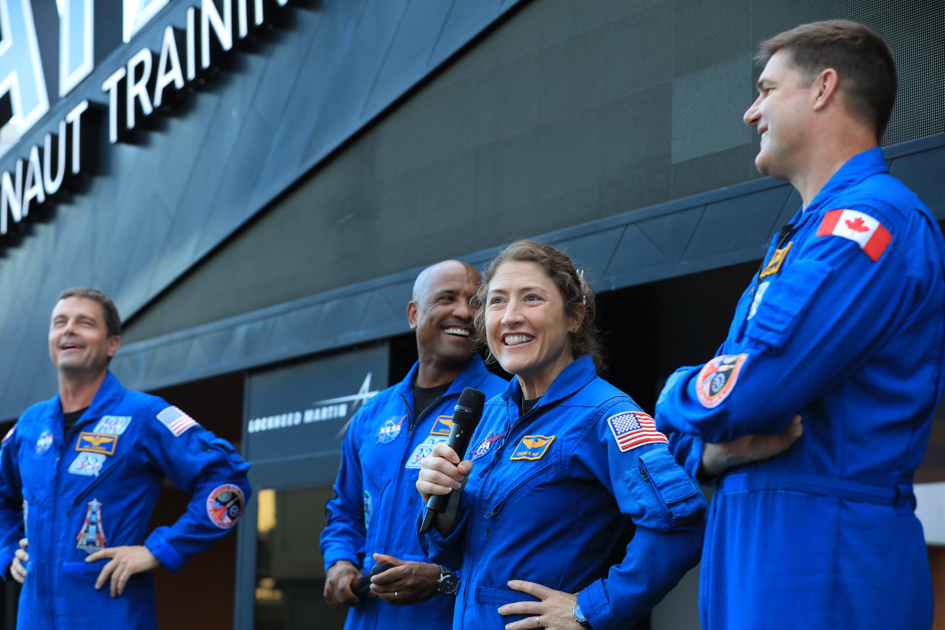 From left, Artemis II NASA astronauts Reid Wiseman, Victor Glover, Christina Koch, along with CSA (Canadian Space Agency) astronaut Jeremy Hansen speak to NASA employees at the Kennedy Space Center Visitor Complex in Florida on Tuesday, July 7, 2026. The crew returned to NASA Kennedy for their first official visit since launch of Artemis II on Wednesday, April 1, 2026, to visit with the center’s workforce and tour facilities to view progress on Artemis III prelaunch processing.