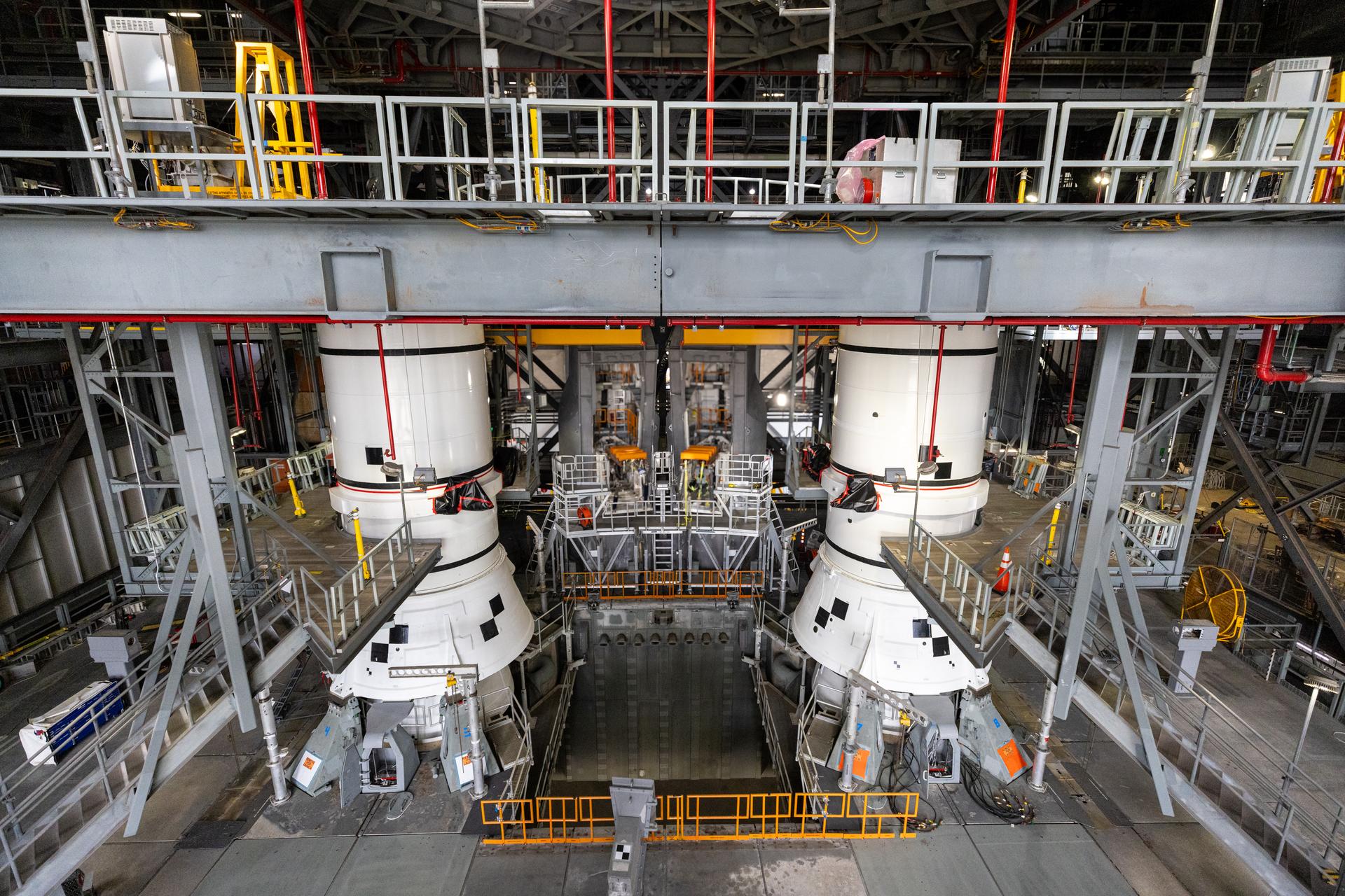 Artemis III SLS booster segments inside the Vehicle Assembly Building