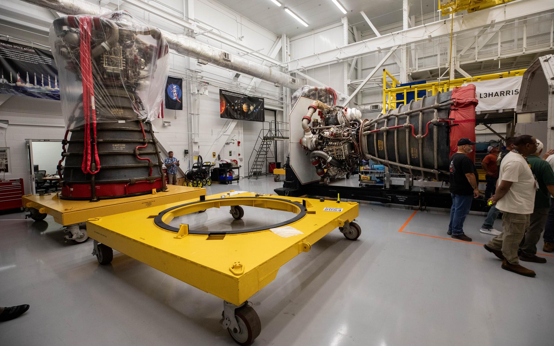 Teams at NASA’s Kennedy Space Center in Florida offload the third of four RS-25 SLS (Space Launch System) rocket engines built by L3 Harris Technologies for the agency's Artemis III mission on Tuesday, July 14, 2026, inside the spaceport’s Vehicle Assembly Building. The SLS rocket will use four RS-25 engines in the core stage to propel the Orion spacecraft into orbit providing over two million pounds of thrust at liftoff. As part of the Golden Age of innovation and exploration, NASA will send Artemis astronauts on increasingly difficult missions to explore more of the Moon for scientific discovery and economic benefits, establish an enduring human presence on the lunar surface, and build on our foundation for the first crewed missions to Mars.