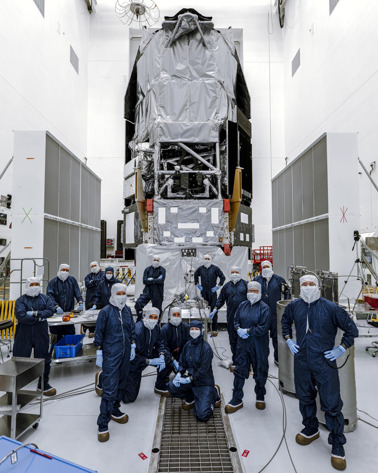 Members of NASA's Nancy Grace Roman Space Telescope propellant, safety, and quality assurance team pose for a photo on Monday July 20, 2026, inside the Payload Hazardous Servicing Facility at NASA’s Kennedy Space Center in Florida, prior to technicians loading propellant into the observatory. With fuel tanks capable of carrying about 290 gallons (roughly 1,100 liters) of hydrazine – a monopropellant not requiring a second chemical to combust – Roman’s primary mission is to settle essential questions about dark energy, exoplanets, and infrared astrophysics by conducting wide-field surveys that explore the universe’s structure, evolution, and composition. Liftoff atop a SpaceX Falcon Heavy rocket from NASA Kennedy’s Launch Complex 39A is targeted no earlier than Sunday, Aug. 30, 2026.