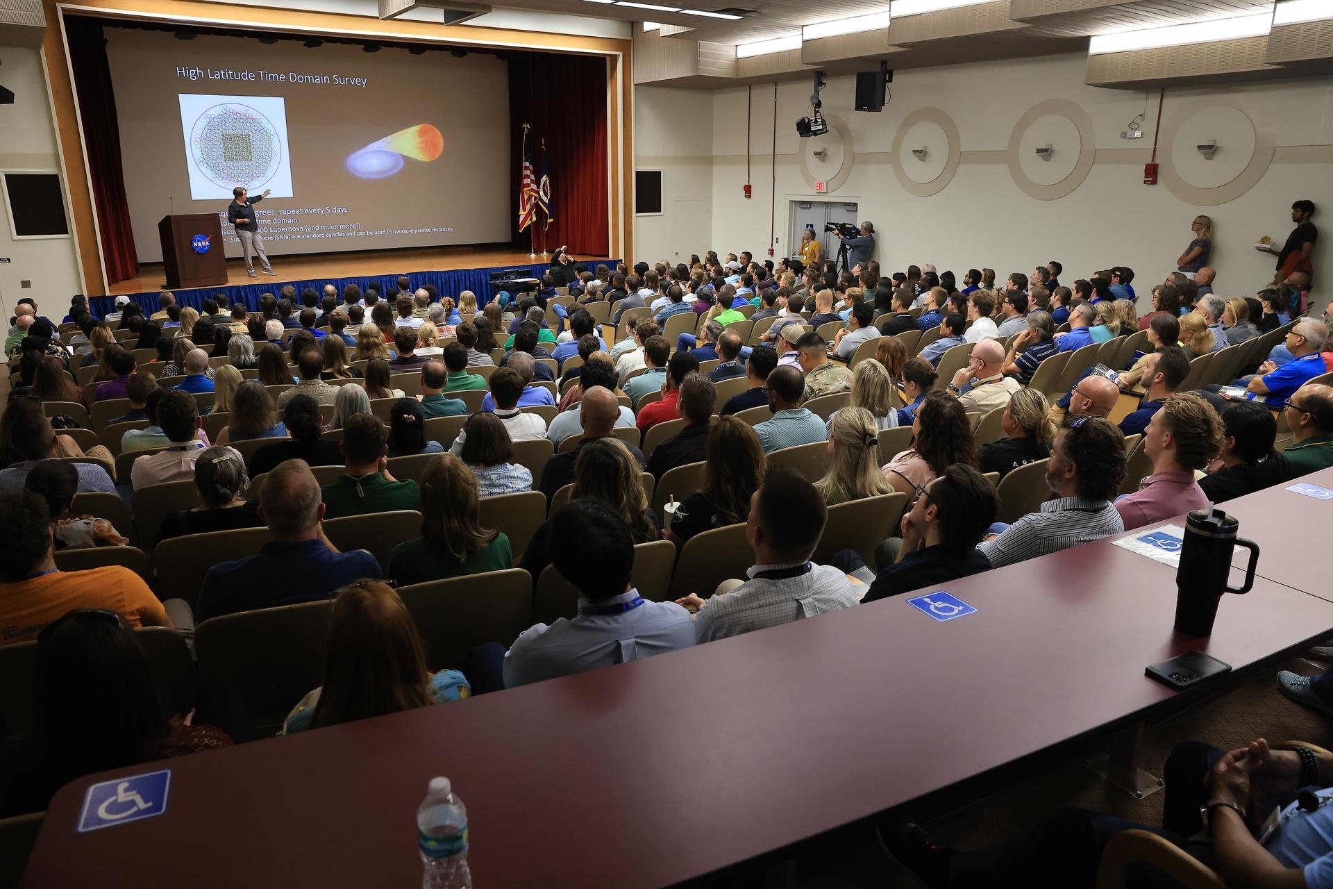 Dr. Julie McEnery, senior project scientist for NASA’s Nancy Grace Roman Space Telescope mission, discusses the upcoming Roman mission in the Training Auditorium at NASA’s Kennedy Space Center in Florida on Tuesday, July 21, 2026. McEnery is a leading astrophysicist at NASA's Goddard Space Flight Center in Greenbelt, Maryland, where she specializes in the study of high energy astrophysics and her work is expanding our understanding of the universe’s creation and behavior. Named for NASA’s first chief astronomer and “mother of the Hubble Space Telescope,” Roman will offer a field of view over 100 times larger than Hubble’s to study up to a billion galaxies, directly image exoplanets and planet forming disks, and address fundamental questions about dark energy, exoplanets, and infrared astrophysics.