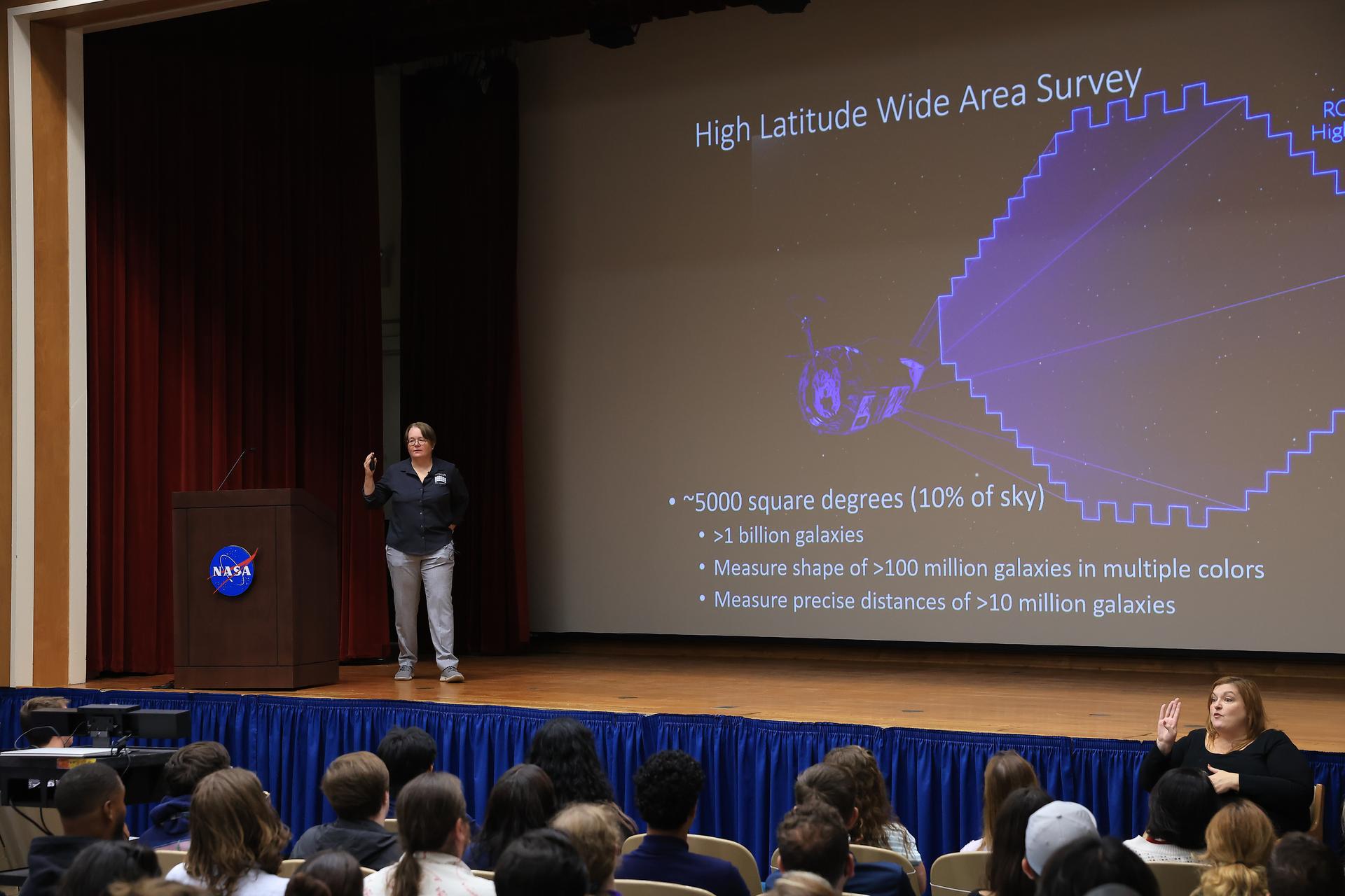 Dr. Julie McEnery, senior project scientist for NASA’s Nancy Grace Roman Space Telescope mission, discusses the upcoming Roman mission in the Training Auditorium at NASA’s Kennedy Space Center in Florida on Tuesday, July 21, 2026. McEnery is a leading astrophysicist at NASA's Goddard Space Flight Center in Greenbelt, Maryland, where she specializes in the study of high energy astrophysics and her work is expanding our understanding of the universe’s creation and behavior. Named for NASA’s first chief astronomer and “mother of the Hubble Space Telescope,” Roman will offer a field of view over 100 times larger than Hubble’s to study up to a billion galaxies, directly image exoplanets and planet forming disks, and address fundamental questions about dark energy, exoplanets, and infrared astrophysics.
