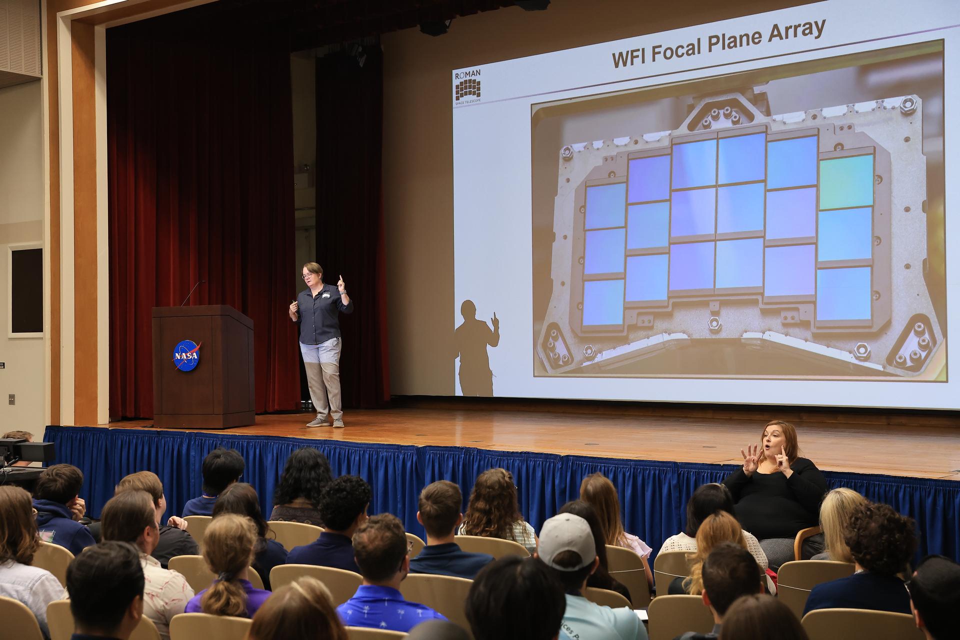 Dr. Julie McEnery, senior project scientist for NASA’s Nancy Grace Roman Space Telescope mission, discusses the upcoming Roman mission in the Training Auditorium at NASA’s Kennedy Space Center in Florida on Tuesday, July 21, 2026. McEnery is a leading astrophysicist at NASA's Goddard Space Flight Center in Greenbelt, Maryland, where she specializes in the study of high energy astrophysics and her work is expanding our understanding of the universe’s creation and behavior. Named for NASA’s first chief astronomer and “mother of the Hubble Space Telescope,” Roman will offer a field of view over 100 times larger than Hubble’s to study up to a billion galaxies, directly image exoplanets and planet forming disks, and address fundamental questions about dark energy, exoplanets, and infrared astrophysics.
