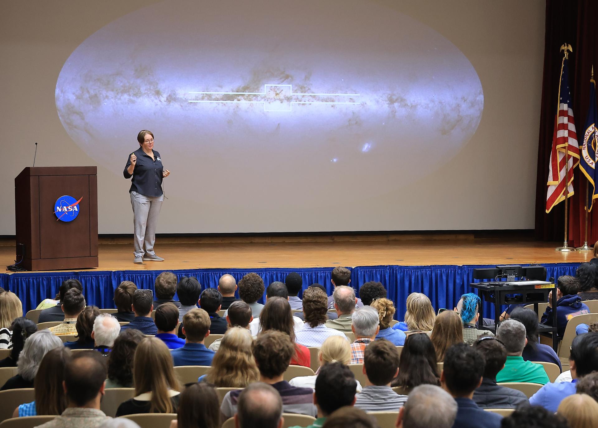 Dr. Julie McEnery, senior project scientist for NASA’s Nancy Grace Roman Space Telescope mission, discusses the upcoming Roman mission in the Training Auditorium at NASA’s Kennedy Space Center in Florida on Tuesday, July 21, 2026. McEnery is a leading astrophysicist at NASA's Goddard Space Flight Center in Greenbelt, Maryland, where she specializes in the study of high energy astrophysics and her work is expanding our understanding of the universe’s creation and behavior. Named for NASA’s first chief astronomer and “mother of the Hubble Space Telescope,” Roman will offer a field of view over 100 times larger than Hubble’s to study up to a billion galaxies, directly image exoplanets and planet forming disks, and address fundamental questions about dark energy, exoplanets, and infrared astrophysics.
