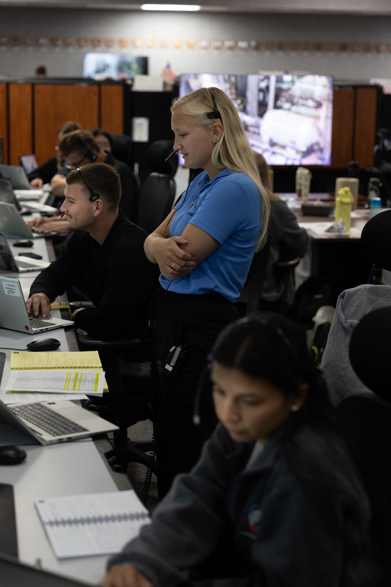 Artemis launch team members participate in a terminal countdown simulation for Artemis III on Thursday, Aug. 6, 2026, inside Firing Room 1 and 2 of the Rocco A. Petrone Launch Control Center at NASA’s Kennedy Space Center in Florida. The terminal count simulation conducted by NASA’s Exploration Ground Systems team runs through the final five hours of launch countdown, including terminal count - the remaining 10 minutes of the countdown.  Artemis III will carry out a series of objectives in low Earth orbit designed to demonstrate critical systems needed for future lunar landings, beginning with Artemis IV. 