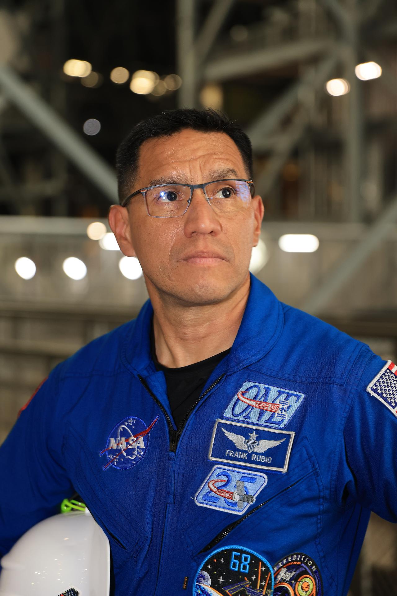 Artemis III mission specialist NASA astronaut Frank Rubio visits the Vehicle Assembly Building at NASA's Kennedy Space Center in Florida on Wednesday, Sept. 2, 2026. Rubio, as well as NASA astronaut Randy Bresnik, commander; ESA (European Space Agency) astronaut Luca Parmitano, pilot; NASA astronaut Andre Douglas, mission specialist; and NASA astronaut Bob Hines, backup crew member, made the first visit to Kennedy by the entire crew and backup crew members of Artemis III. The mission will launch four crew members aboard the Orion spacecraft to carry out a series of objectives in low Earth orbit designed to demonstrate critical systems needed for future lunar landings, beginning with Artemis IV.