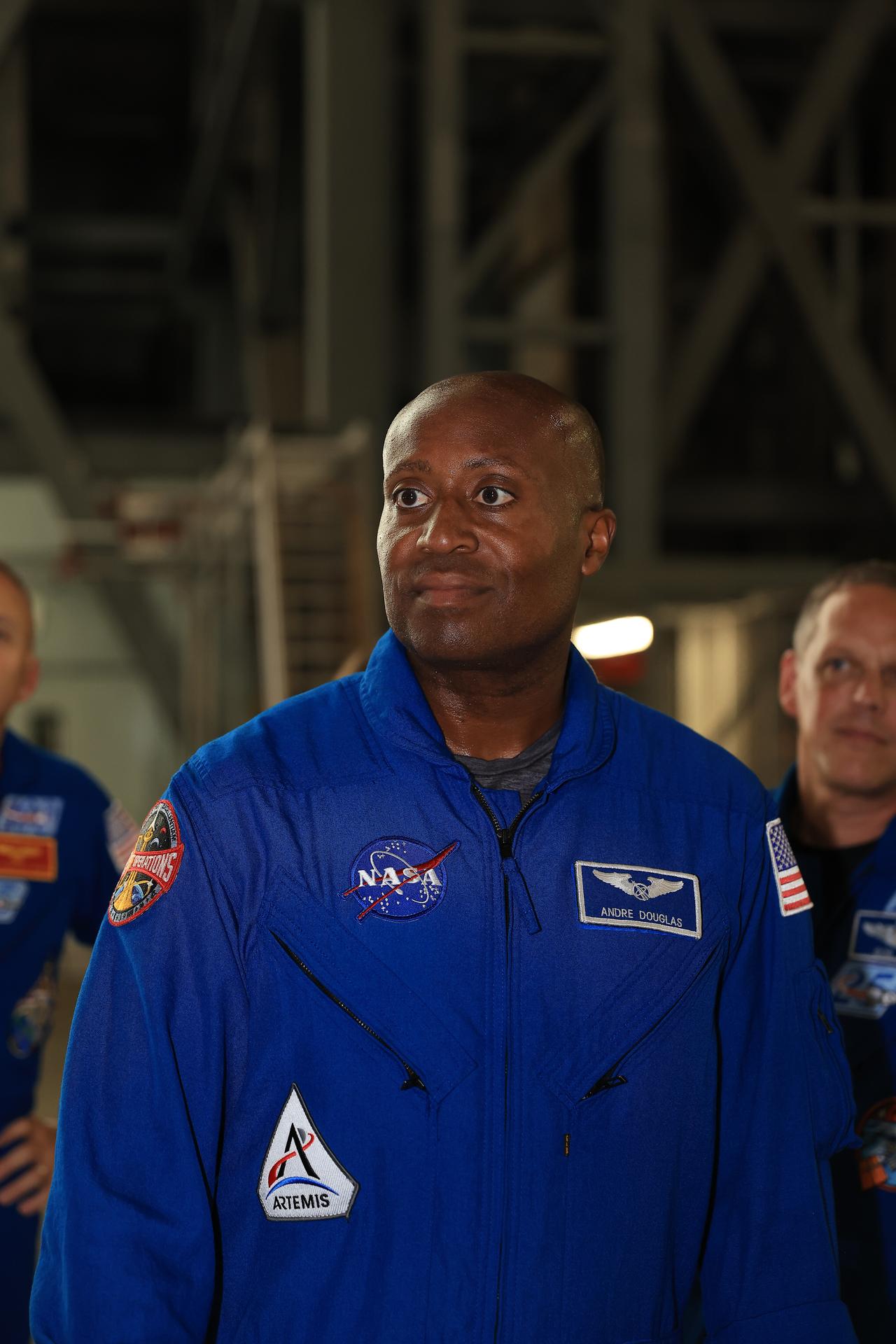 Artemis III mission specialist NASA astronaut Andre Douglas visits the Vehicle Assembly Building at NASA's Kennedy Space Center in Florida on Wednesday, Sept. 2, 2026. Douglas, as well as NASA astronaut Randy Bresnik, commander; ESA (European Space Agency) astronaut Luca Parmitano, pilot; NASA astronaut Frank Rubio, mission specialist; and NASA astronaut Bob Hines, backup crew member, made the first visit to Kennedy by the entire crew and backup crew members of Artemis III. The mission will launch four crew members aboard the Orion spacecraft to carry out a series of objectives in low Earth orbit designed to demonstrate critical systems needed for future lunar landings, beginning with Artemis IV.