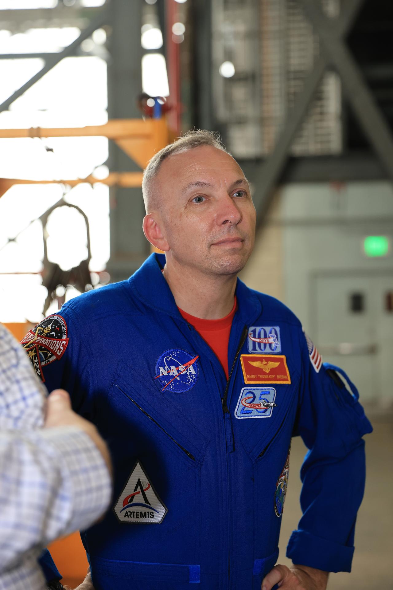 Artemis III mission commandeer NASA astronaut Randy Bresnik visits the Vehicle Assembly Building at NASA's Kennedy Space Center in Florida on Wednesday, Sept. 2, 2026. Bresnik, as well as ESA (European Space Agency) astronaut Luca Parmitano, pilot; NASA astronauts Andre Douglas, mission specialist; Frank Rubio, mission specialist; and Bob Hines, backup crew member, made the first visit to Kennedy by the entire crew and backup crew members of Artemis III. The mission will launch four crew members aboard the Orion spacecraft to carry out a series of objectives in low Earth orbit designed to demonstrate critical systems needed for future lunar landings, beginning with Artemis IV.