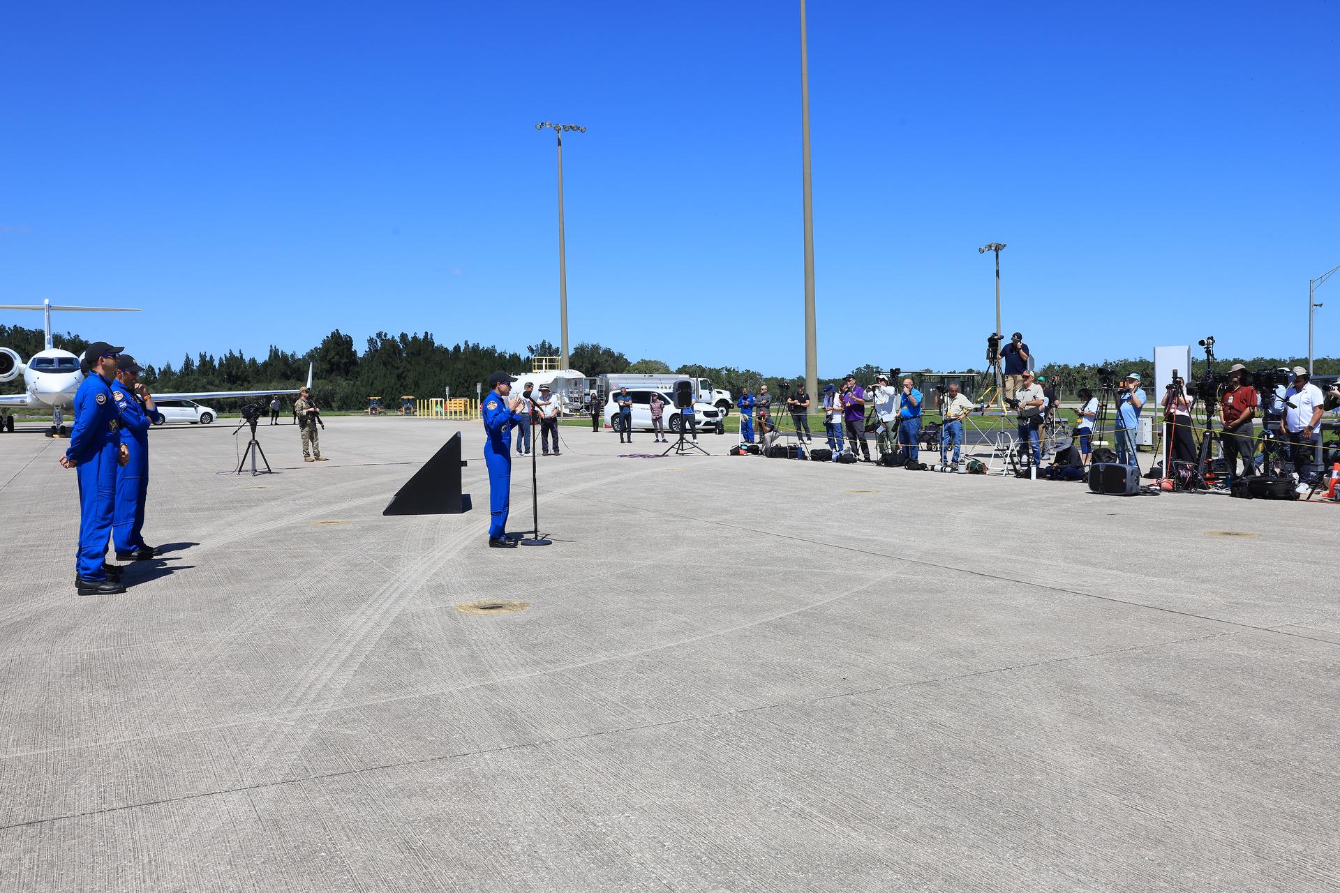 NASA astronaut Jessica Watkins, commander, speaks to the news media during crew arrival for NASA’s SpaceX Crew-13 mission at the Shuttle Landing Facility at the agency’s Kennedy Space Center in Florida on Saturday, Sept. 26, 2026. Watkins and fellow NASA astronaut Luke Delaney, along with CSA (Canadian Space Agency) astronaut Joshua Kutryk, and Roscosmos cosmonaut Sergey Teteryatnikov will launch to the International Space Station aboard SpaceX’s Dragon spacecraft and Falcon 9 rocket at 11:10 a.m. EDT on Thursday, Oct. 1, from Cape Canaveral Space Force Station’s Space Launch Complex 40.  