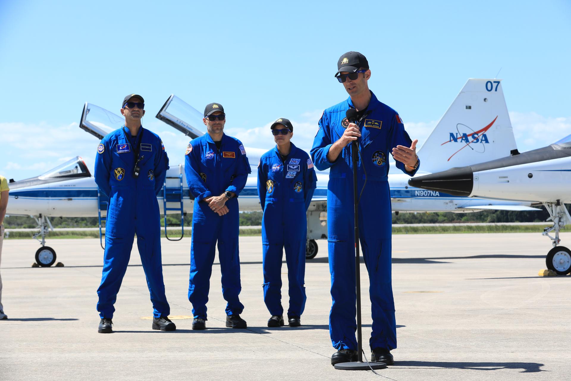 CSA (Canadian Space Agency) astronaut Joshua Kutryk, mission specialist, speaks to the news media during crew arrival for NASA’s SpaceX Crew-13 mission at the Shuttle Landing Facility at the agency’s Kennedy Space Center in Florida on Saturday, Sept. 26, 2026. NASA astronauts Jessica Watkins and Luke Delaney, and Roscosmos cosmonaut Sergey Teteryatnikov will launch along with Kutryk to the International Space Station aboard SpaceX’s Dragon spacecraft and Falcon 9 rocket at 11:10 a.m. EDT on Thursday, Oct. 1, from Cape Canaveral Space Force Station’s Space Launch Complex 40.  