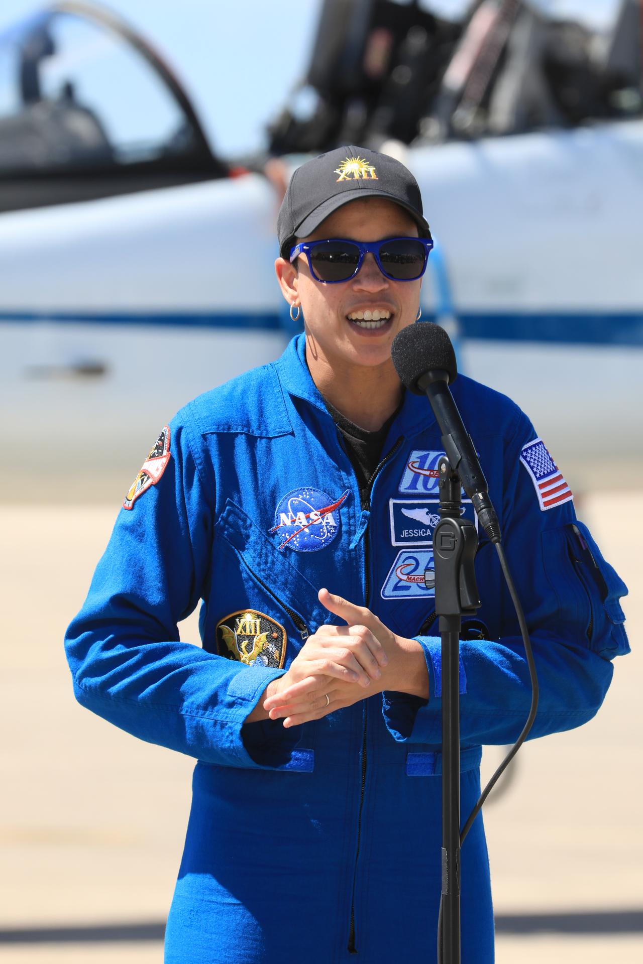 NASA astronaut Jessica Watkins, commander, speaks to the news media during crew arrival for NASA’s SpaceX Crew-13 mission at the Shuttle Landing Facility at the agency’s Kennedy Space Center in Florida on Saturday, Sept. 26, 2026. Watkins and fellow NASA astronaut Luke Delaney, along with CSA (Canadian Space Agency) astronaut Joshua Kutryk, and Roscosmos cosmonaut Sergey Teteryatnikov will launch to the International Space Station aboard SpaceX’s Dragon spacecraft and Falcon 9 rocket at 11:10 a.m. EDT on Thursday, Oct. 1, from Cape Canaveral Space Force Station’s Space Launch Complex 40.  
