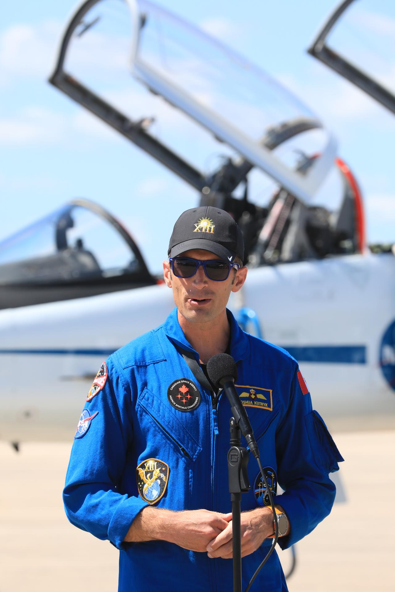 CSA (Canadian Space Agency) astronaut Joshua Kutryk, mission specialist, speaks to the news media during crew arrival for NASA’s SpaceX Crew-13 mission at the Shuttle Landing Facility at the agency’s Kennedy Space Center in Florida on Saturday, Sept. 26, 2026. NASA astronauts Jessica Watkins and Luke Delaney, and Roscosmos cosmonaut Sergey Teteryatnikov will launch along with Kutryk to the International Space Station aboard SpaceX’s Dragon spacecraft and Falcon 9 rocket at 11:10 a.m. EDT on Thursday, Oct. 1, from Cape Canaveral Space Force Station’s Space Launch Complex 40.  
